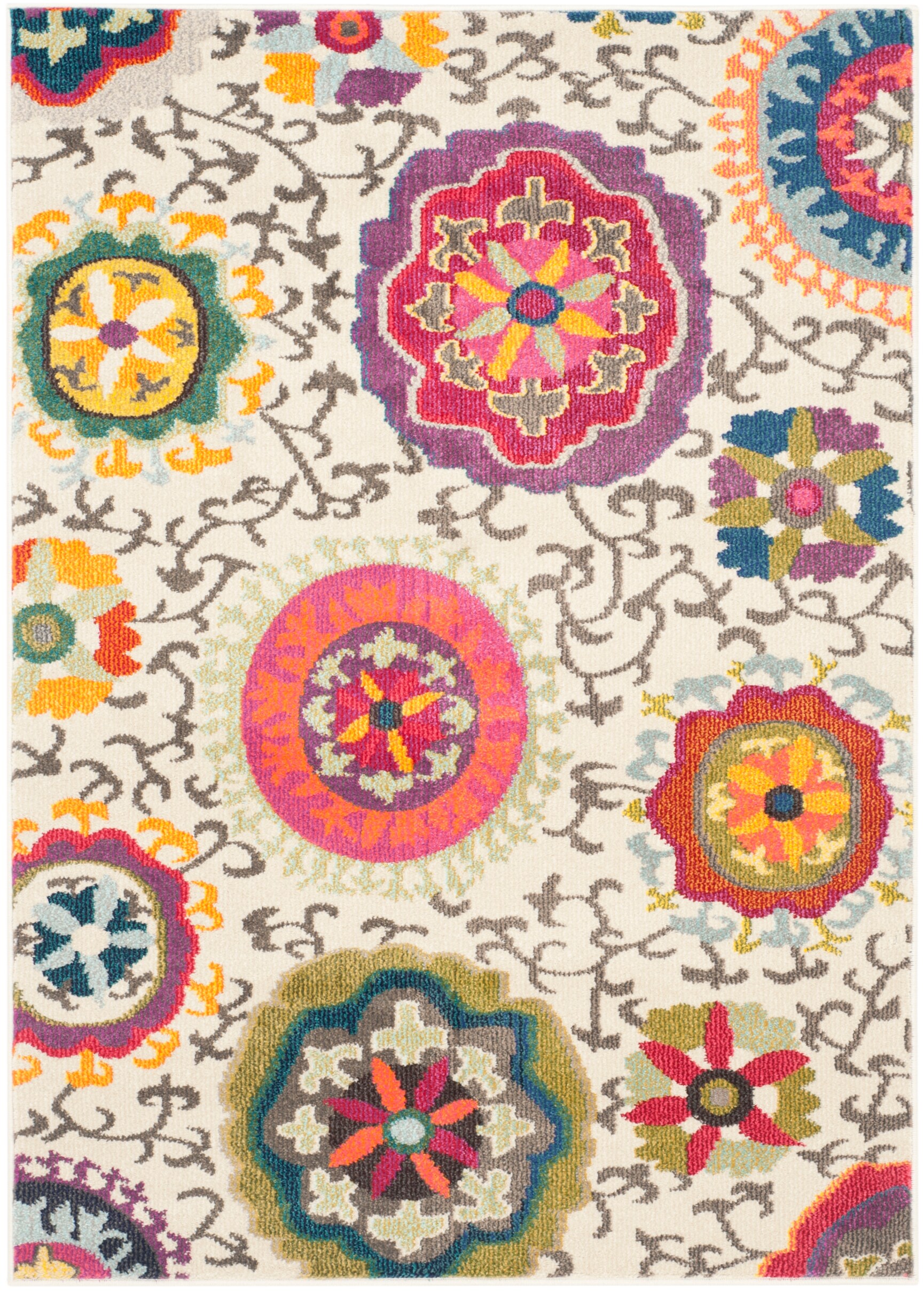 Ivory Floral Elegance 47" Synthetic Rectangular Rug