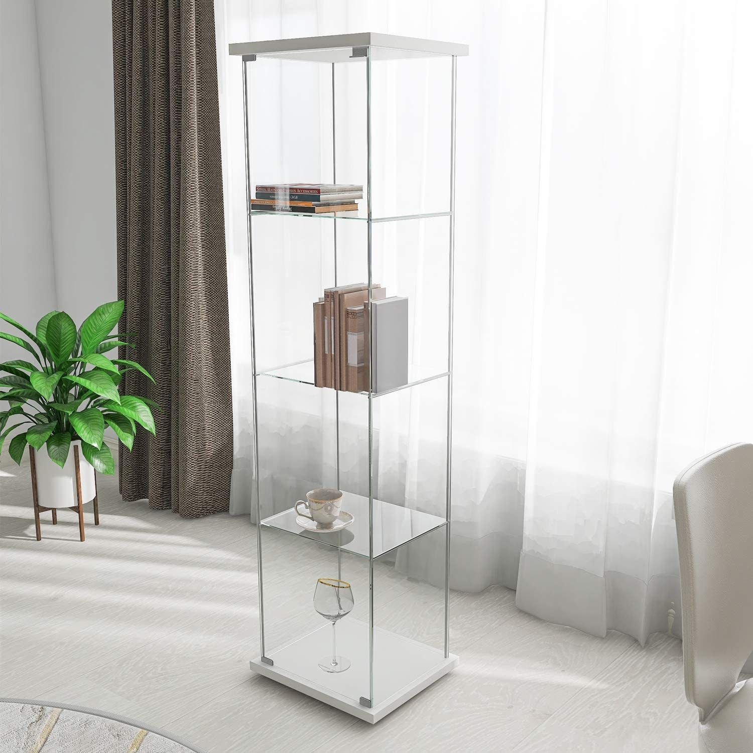 JASMODER Black Glass Cabinet Display Case 4 Shelves with Door