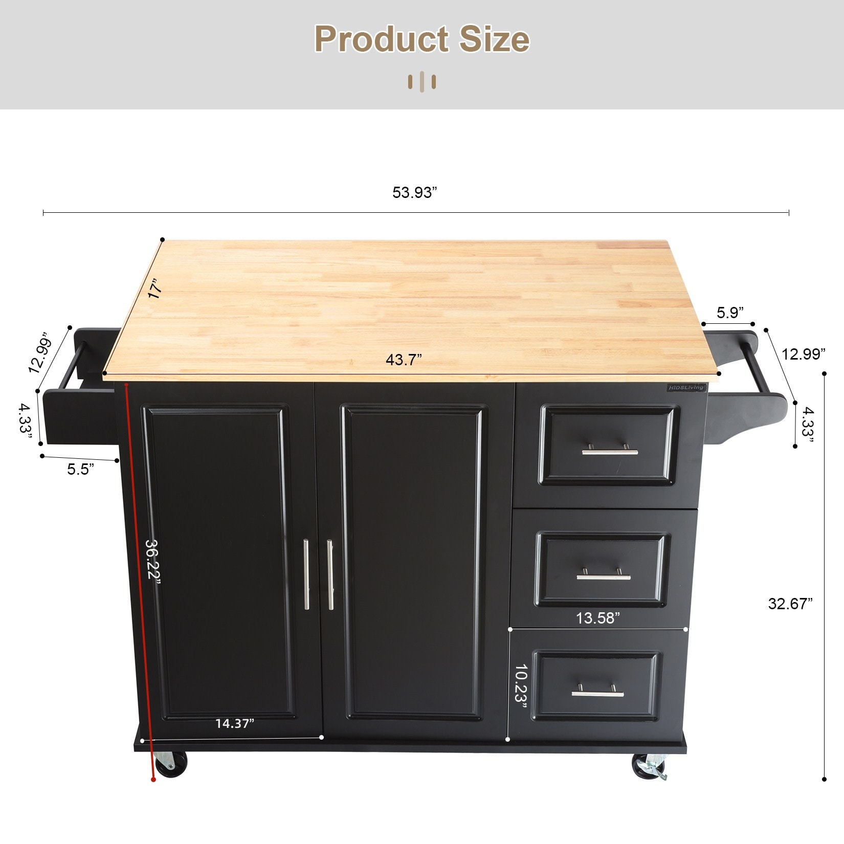 Miki Shinly Black Mdf Base with Mdf Top Rolling Kitchen Island (17-in x 53.93-in x 36.22-in)