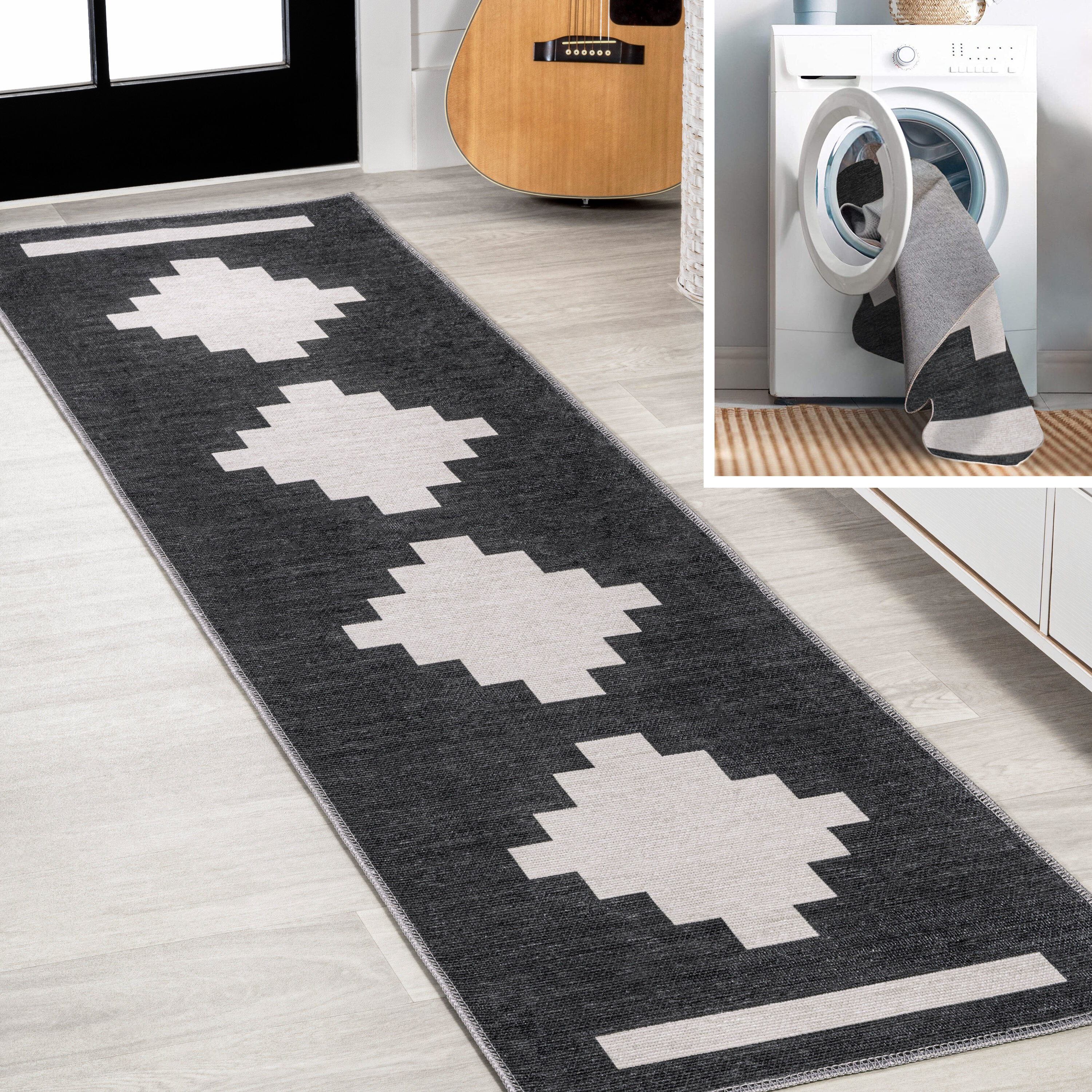JONATHAN  Y WSH111A-28 WASHABLE Adriel Geometric Tribal Medallion 2 x 8 (ft) Loomed Polypropylene Black/Ivory Rectangular Indoor Abstract Southwestern Machine washable Runner rug