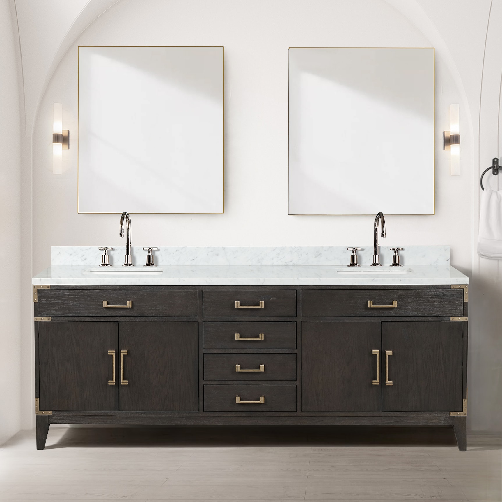 Wilton 84-in Brown Oak Undermount Double Sink Bathroom Vanity with White Marble Top | - Lexora LVW84DK100