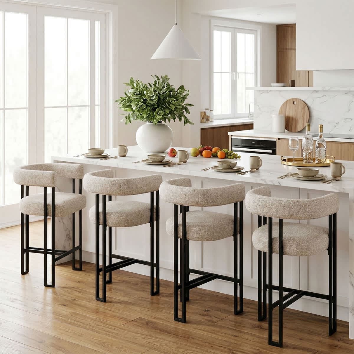 Maison Boucle Set of 4 Oatmeal Upholstered 24-in Counter Stools with Open Back and Sturdy Metal Frame