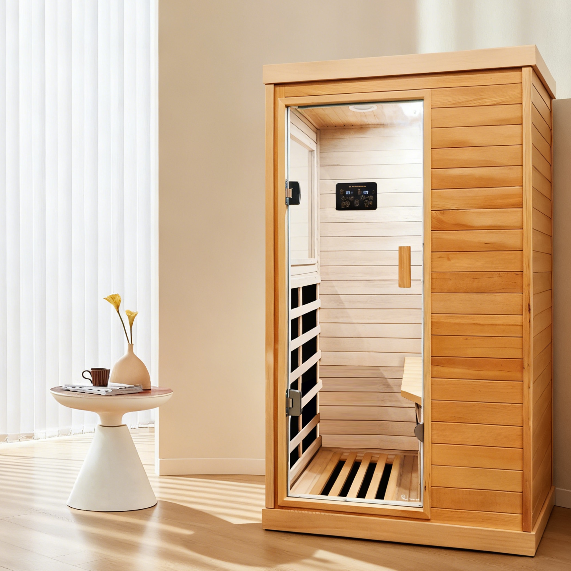 GDFStudio Single Infrared Sauna Room with Colorful Lights and Bluetooth Hemlock Wood 6 Heating Plates 1200W #378601