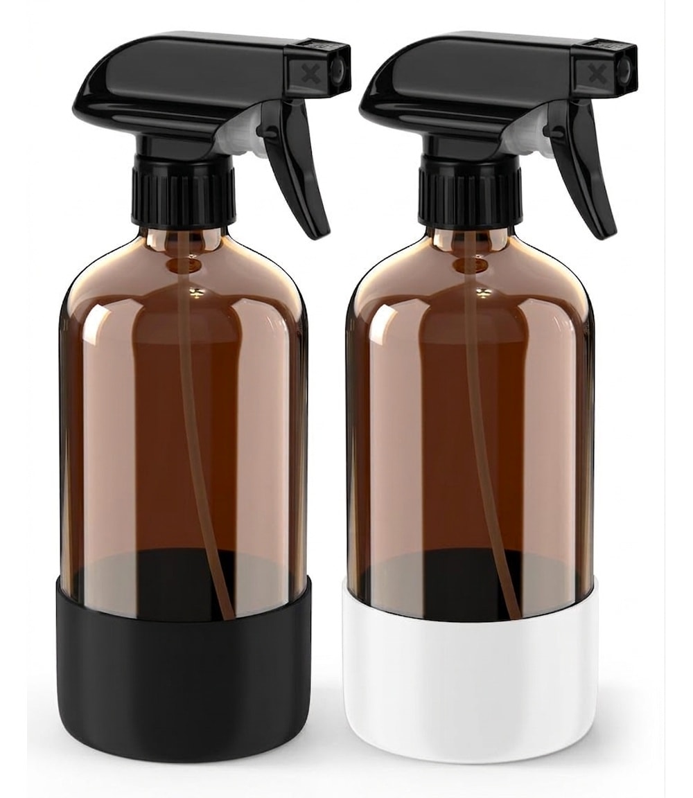 Oyezvary  Amber Glass Spray Bottle Set with Silicone Sleeve UV Protection Adjustable Nozzle for Cleaning Hair Care Aromatherapy 2 pack 16 oz