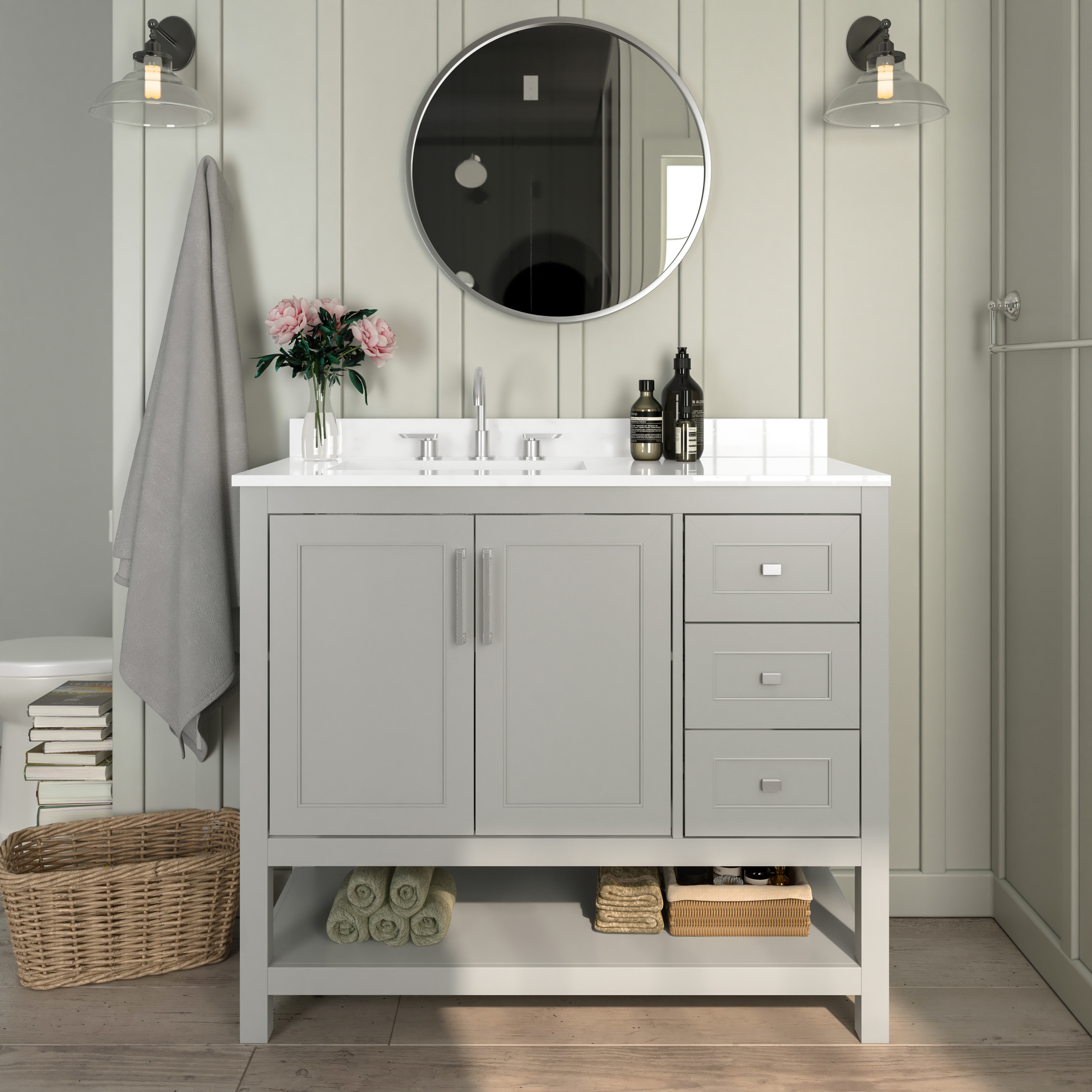 Emma + Oliver Vesta 42 Inch Bathroom Vanity; Single Sink Cabinet with 2 Soft Close Doors; Open Shelf and 3 Drawers; Carrara Marble Finish Countertop; Gray #196861106248