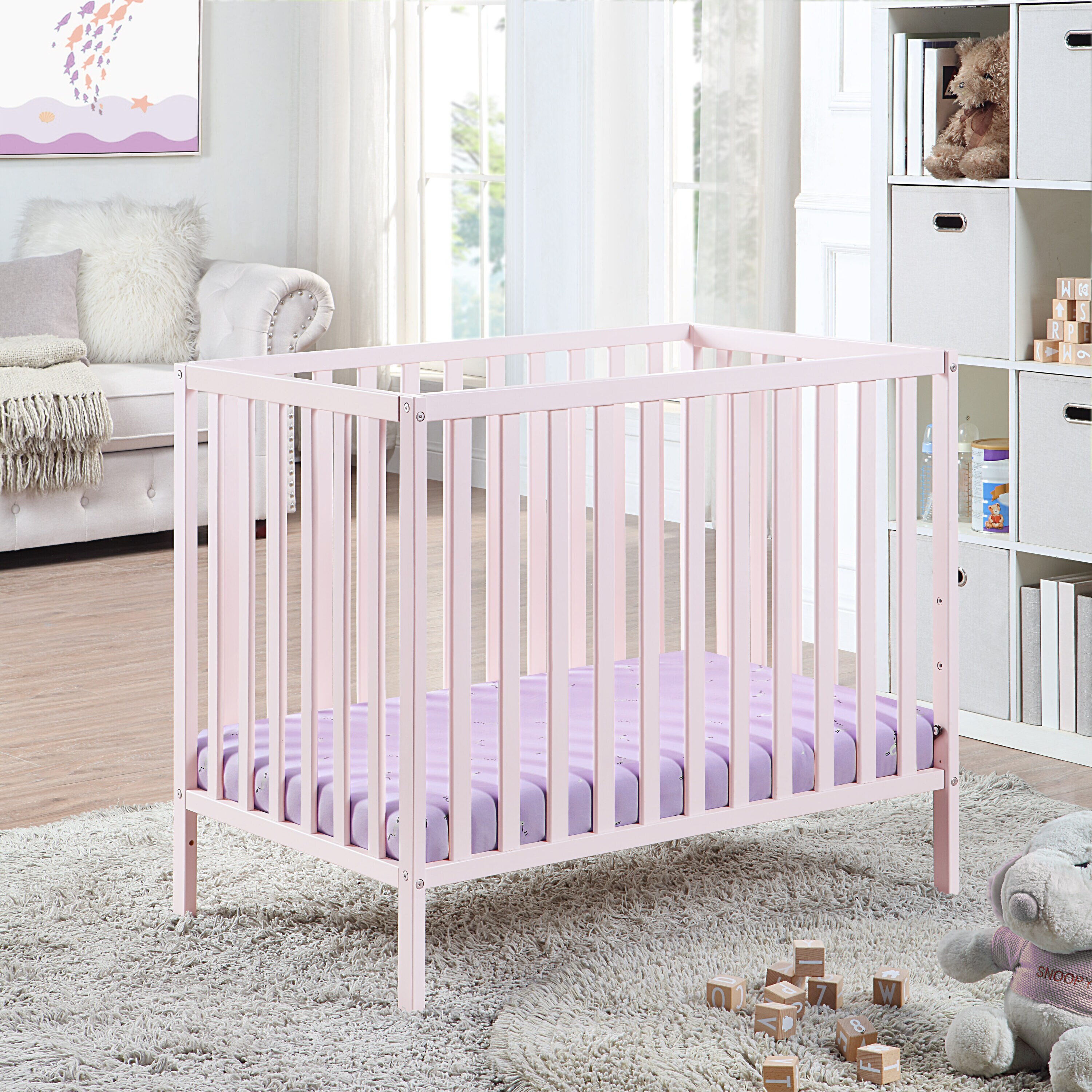 Palmer 3-in-1 Mini Crib in Pink | Converts to Full Bed | Easy Assembly | Non-Toxic Finish | JPMA Certified | CPSC Approved | - Suite Bebe 25199-PPK