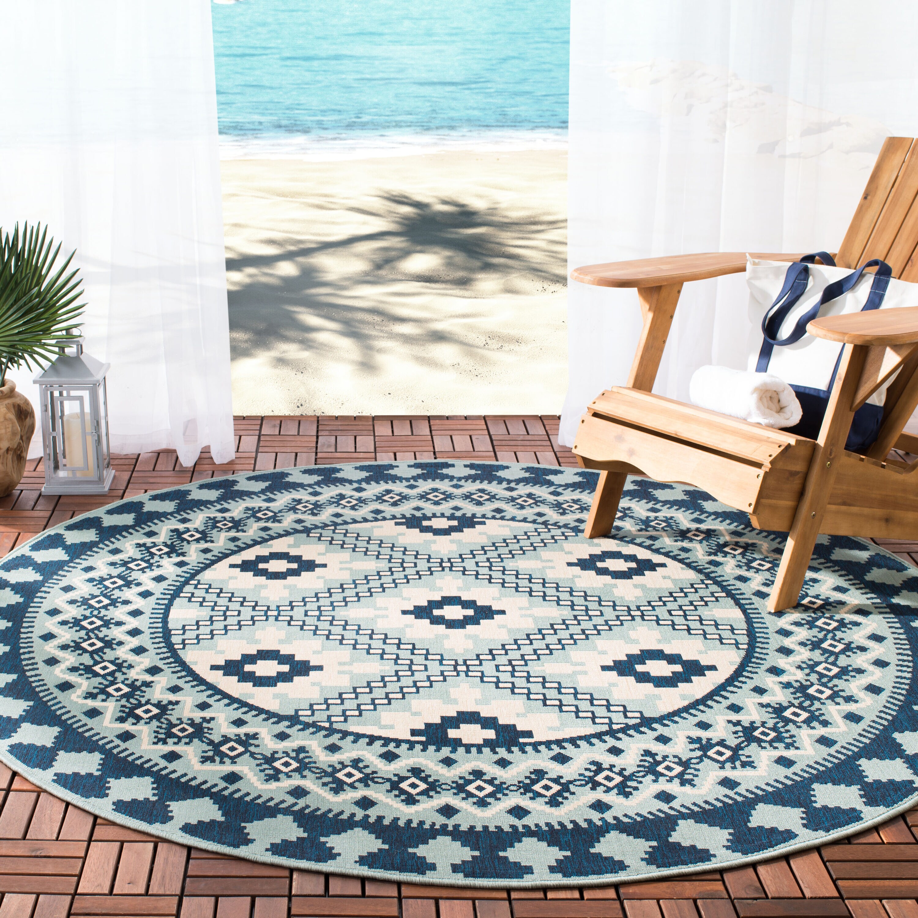 Safavieh VER099-3934-7R Veranda 7 x 7 (ft) Loomed Synthetic Ivory/Blue Round Indoor/Outdoor Border Southwestern Area rug