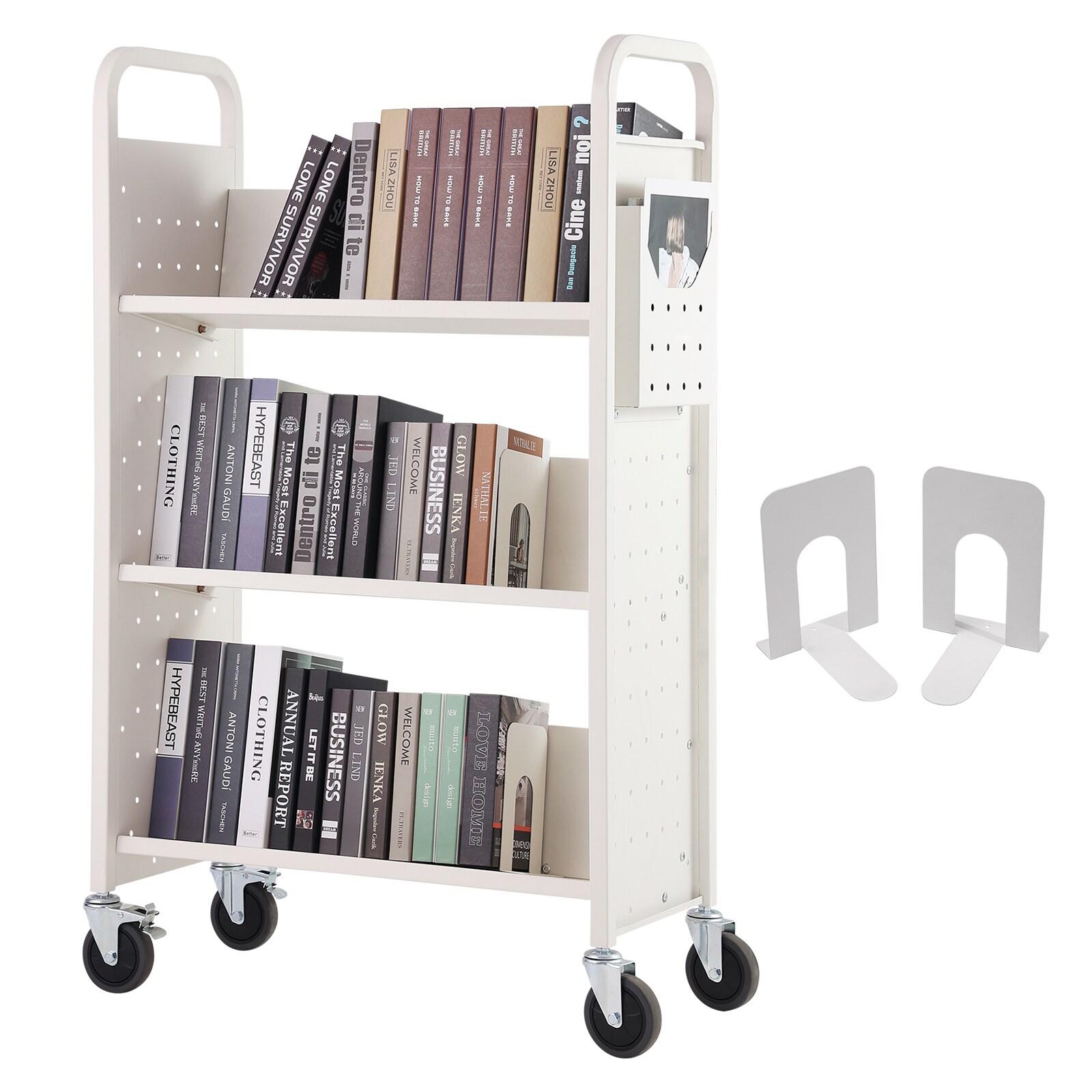 VEVOR SCVXTSGTCBS304176V0 Book Cart  330 lbs Library Cart  31.1 in x 15.2 in x 49.2 in Rolling Book Cart  Single Sided V-Shaped Sloped Shelves with 4-Inch Lockable Wheels for Home Shelves Office and School  Book Truck in White