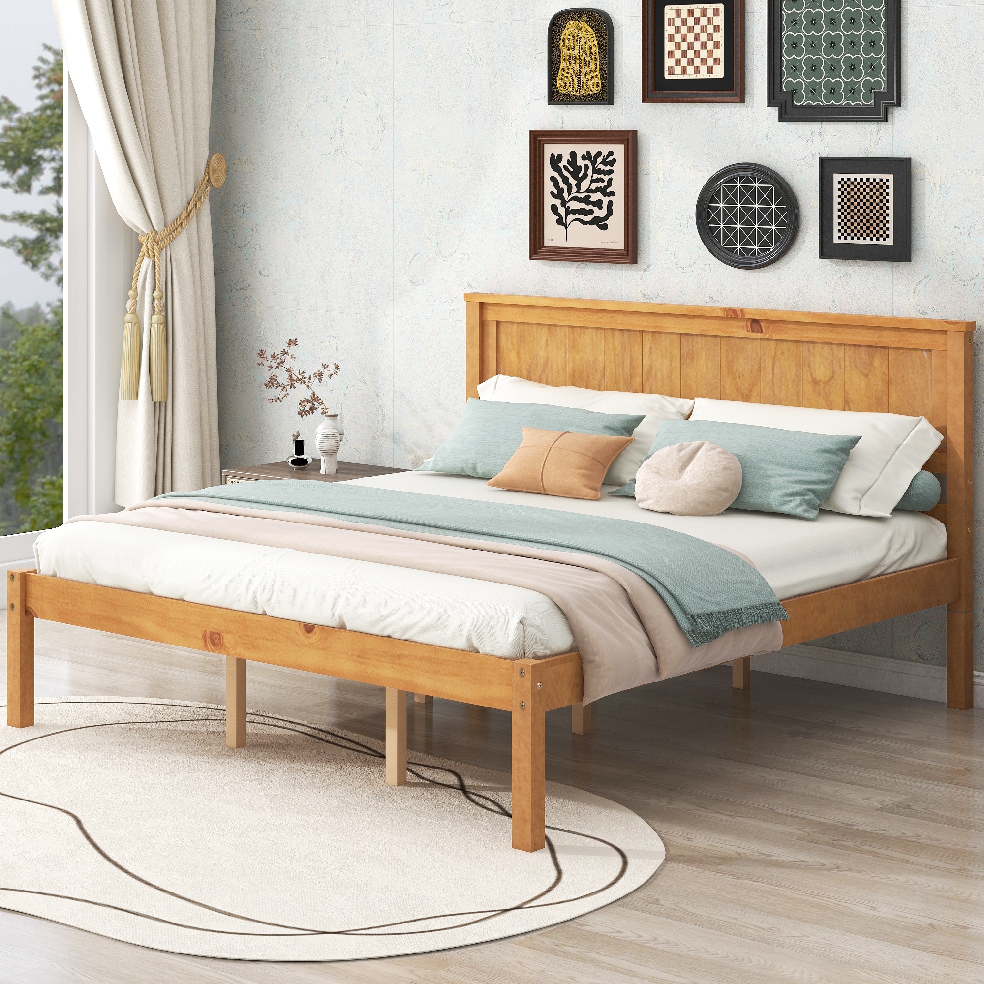 ModernLuxe WF212813AAN Platform Bed Frame with Headboard Wood Slat Support No Box Spring Needed Queen Oak