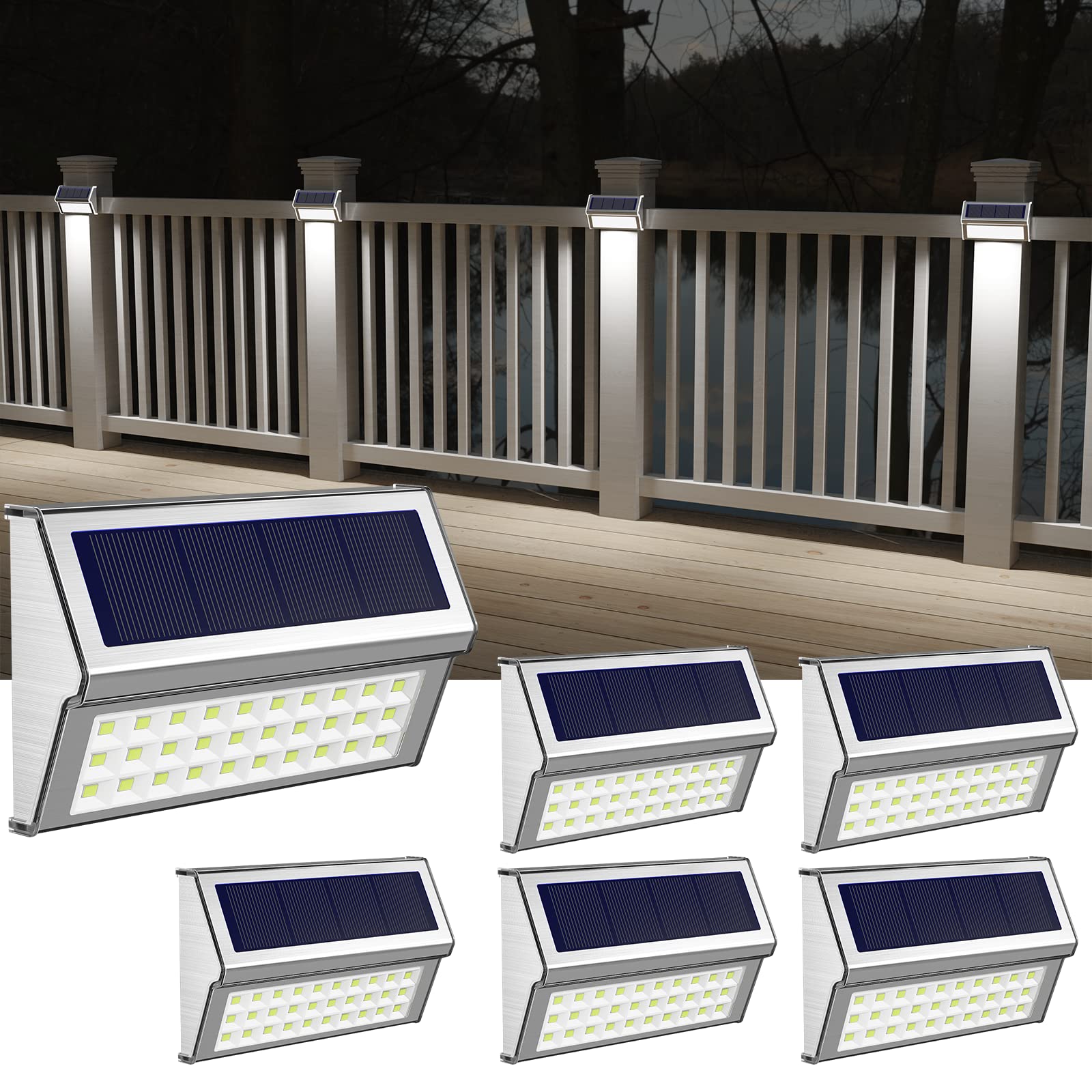 Afoxsos  Solar Lights Outdoor 6 Pack 30 LED Deck Lights Solar Powered Waterproof Stair Light Fence Post Lamp for Patio Step Pool Yard Walkway