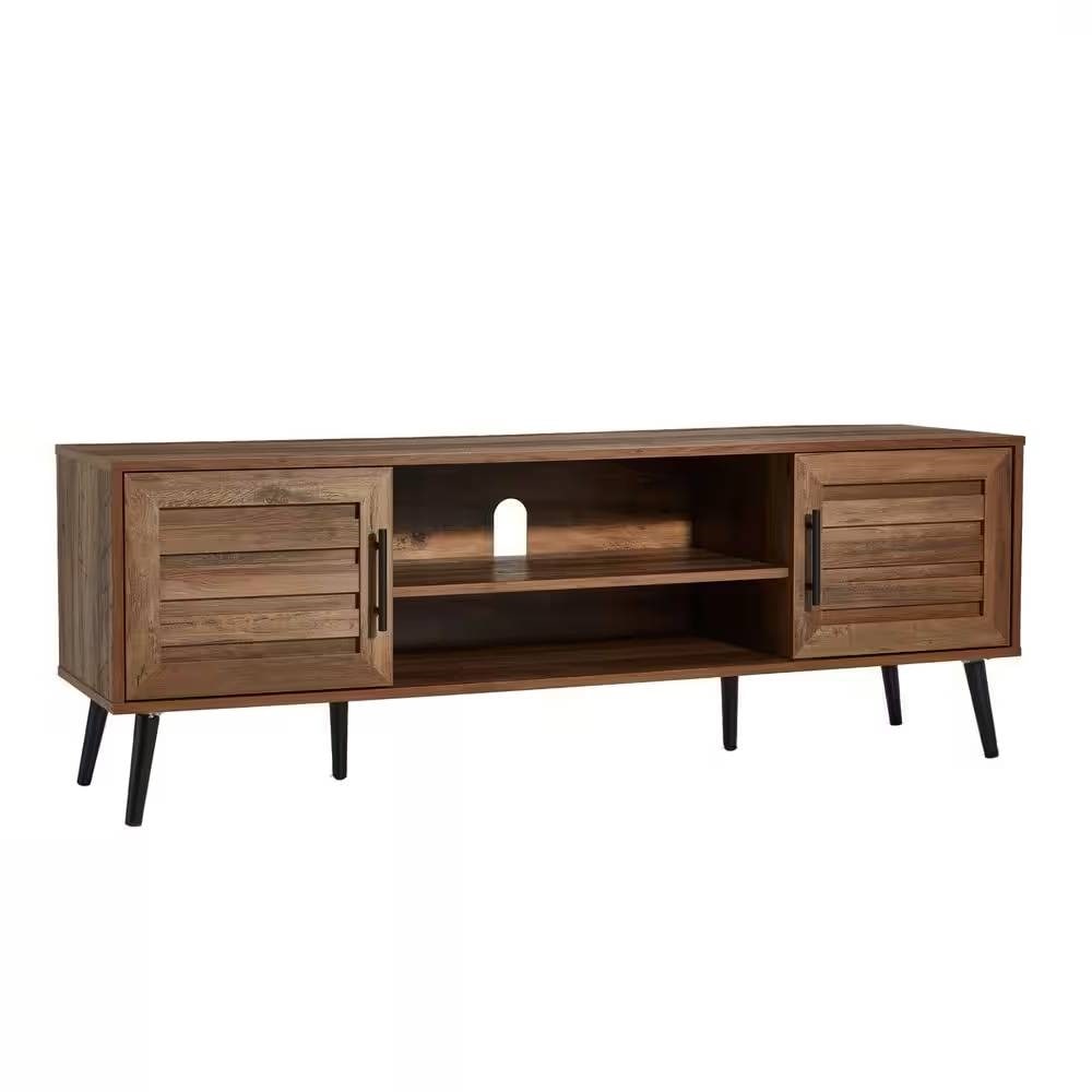 Slickblue Mid Century Modern Brown TV Stand Solid Wood Accommodates TV up to 65 Inches for Living Room and Media Room