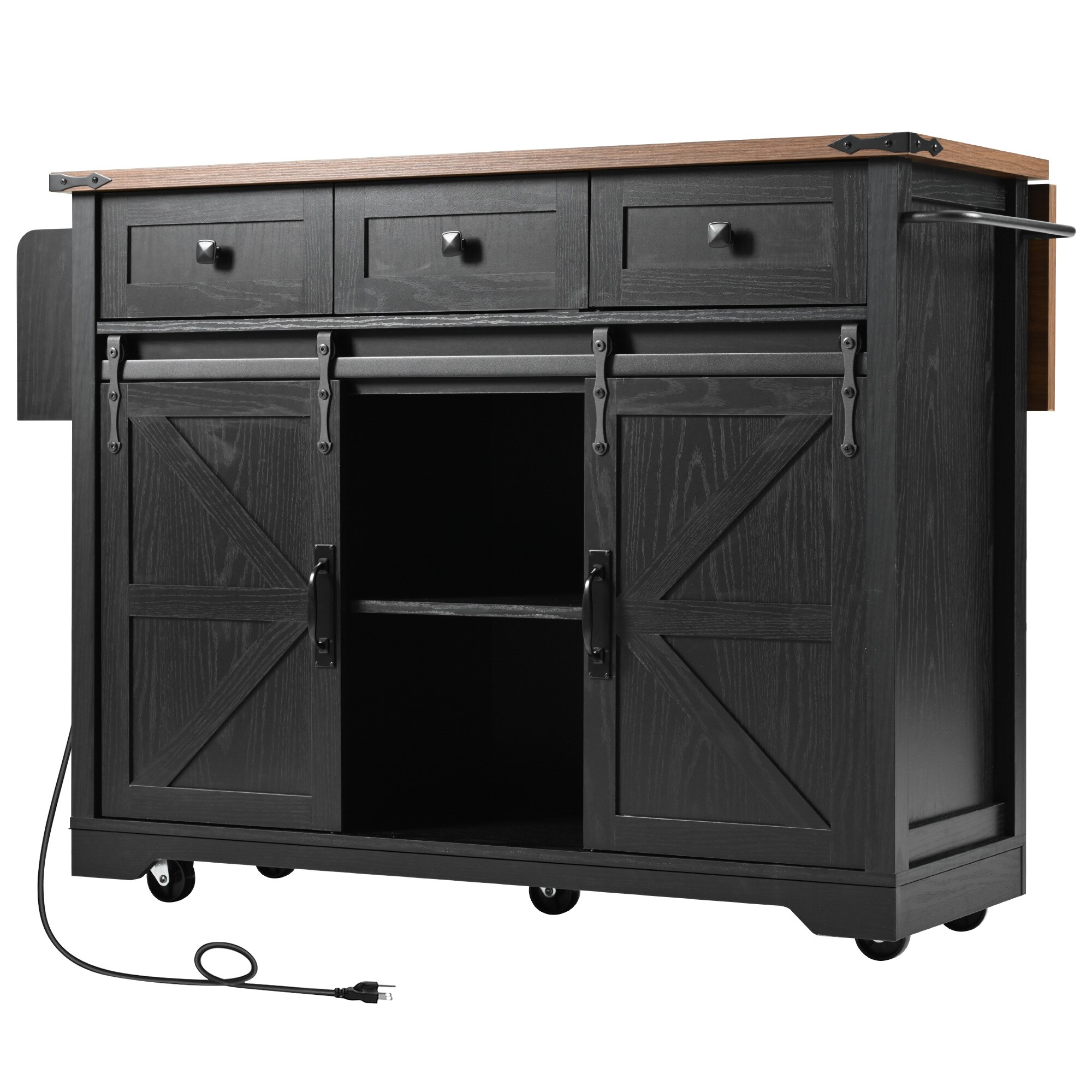 Black MDF Base with MDF Wood Top Rolling Kitchen Island ( 17.7-in x 54-in x 37-in ) | - Kahomvis KK-QPO2-B