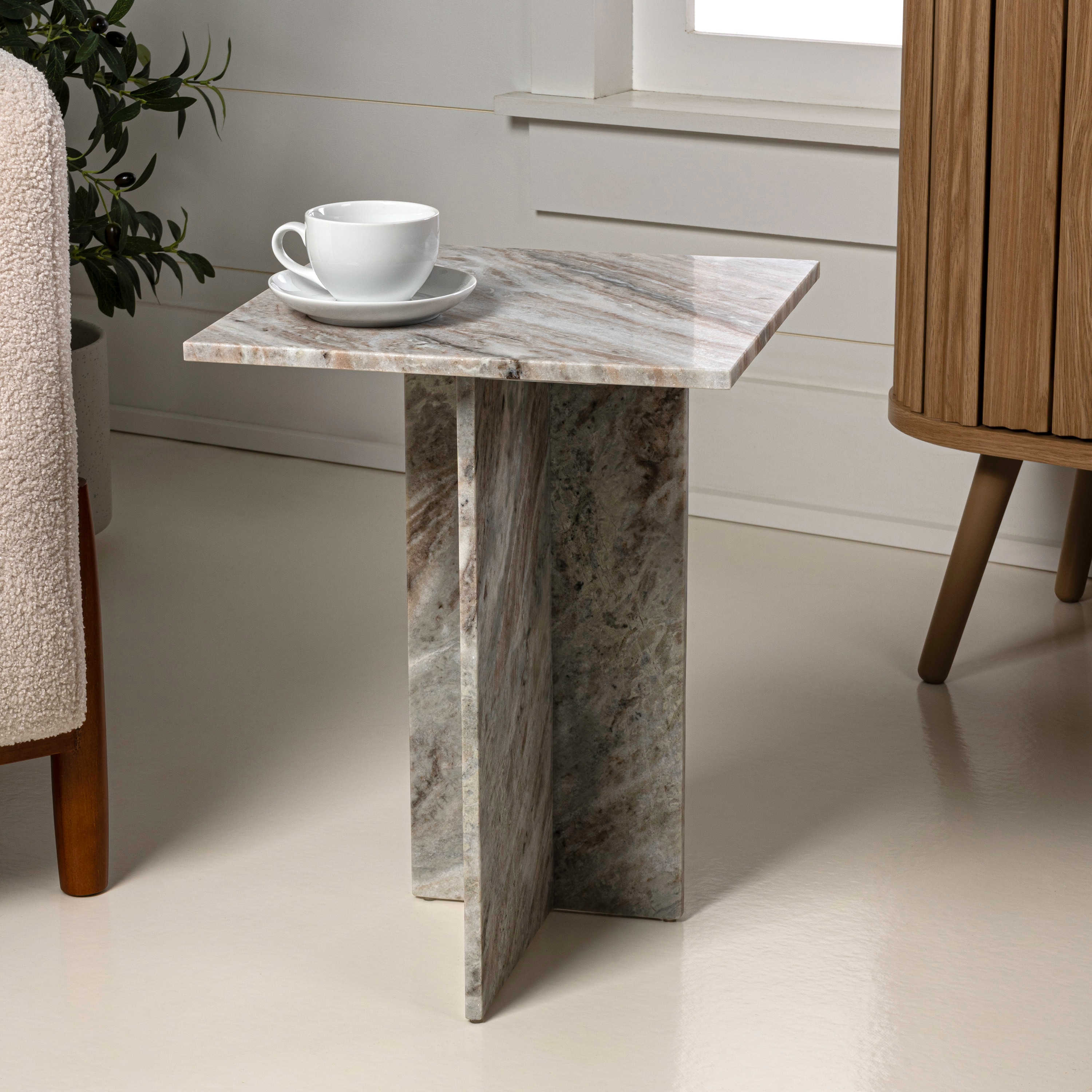 JONATHAN  Y MTB1104A Cecil T-Shaped Minimalist Handmade Natural Stone 14-in W x 18.5-in H Gray/Beige Granite/Marble Rectangular Casual End Table