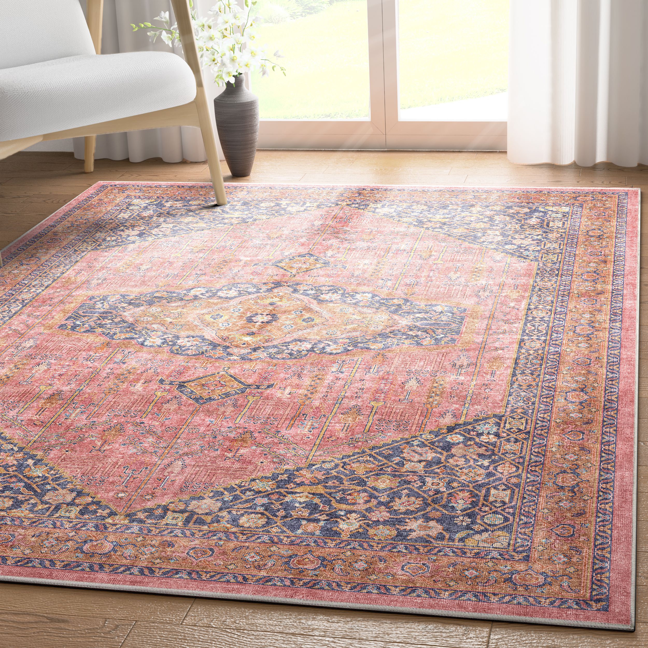 Well Woven W-AP-24A-5 Apollo 5 x 7 (ft) Flatweave Polyester Pink Rectangular Indoor Floral/Botanical Vintage Area rug