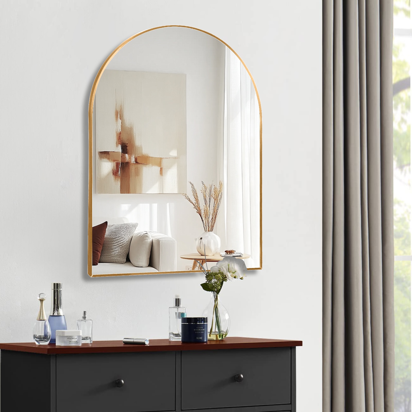 AAZJ ASB-P217005 Gold Metal Framed Arched Bathrrom Mirror for Wall 30-in x 40-in Framed Arch Fog Free Bathroom Vanity Mirror ( Gold )
