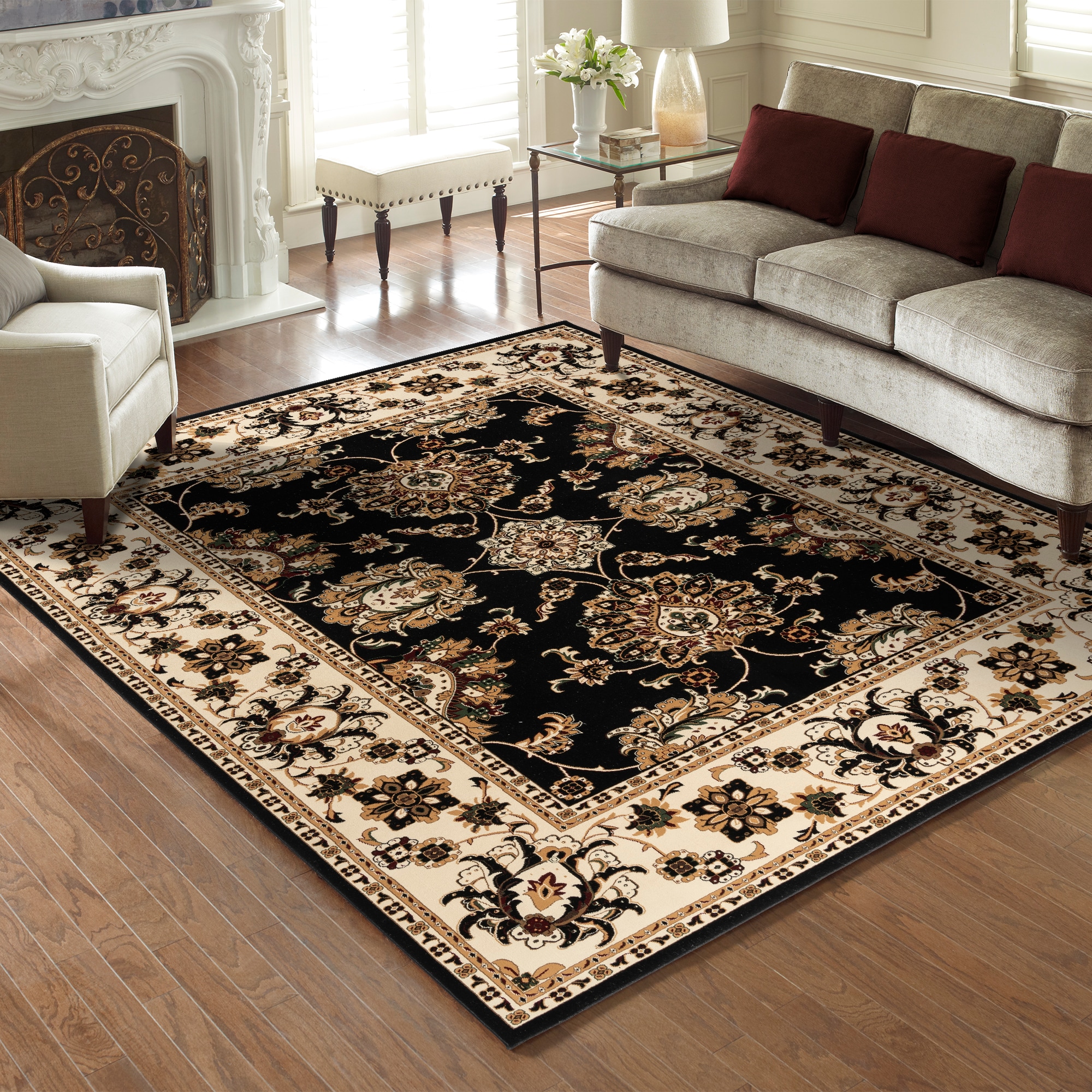 GERTMENIAN 26074 6 x 9 (ft) Loomed Polypropylene Black Rectangular Indoor Floral/Botanical Area rug