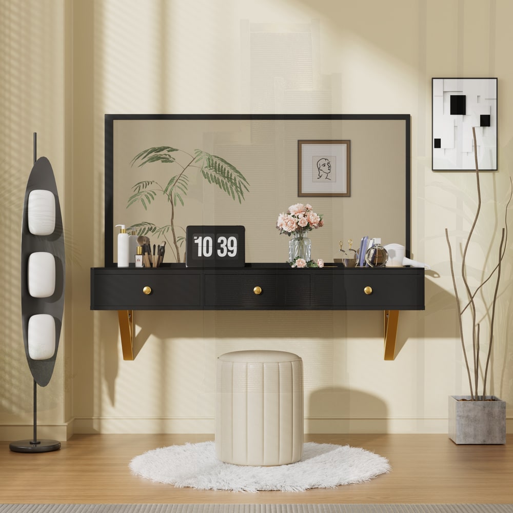 SunJet 47 Inch Floating Shelf with Drawer Wall Mounted Vanity Table Multipurpose Desk for Bedroom Bathroom Hairdressers Black and Gold
