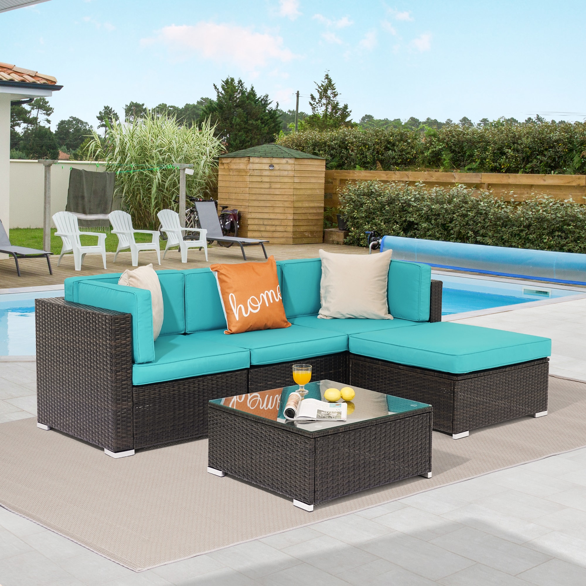 ACEGOSES LW-HSFF325L 5 -Piece Wicker Patio Conversation Set with Blue Cushions