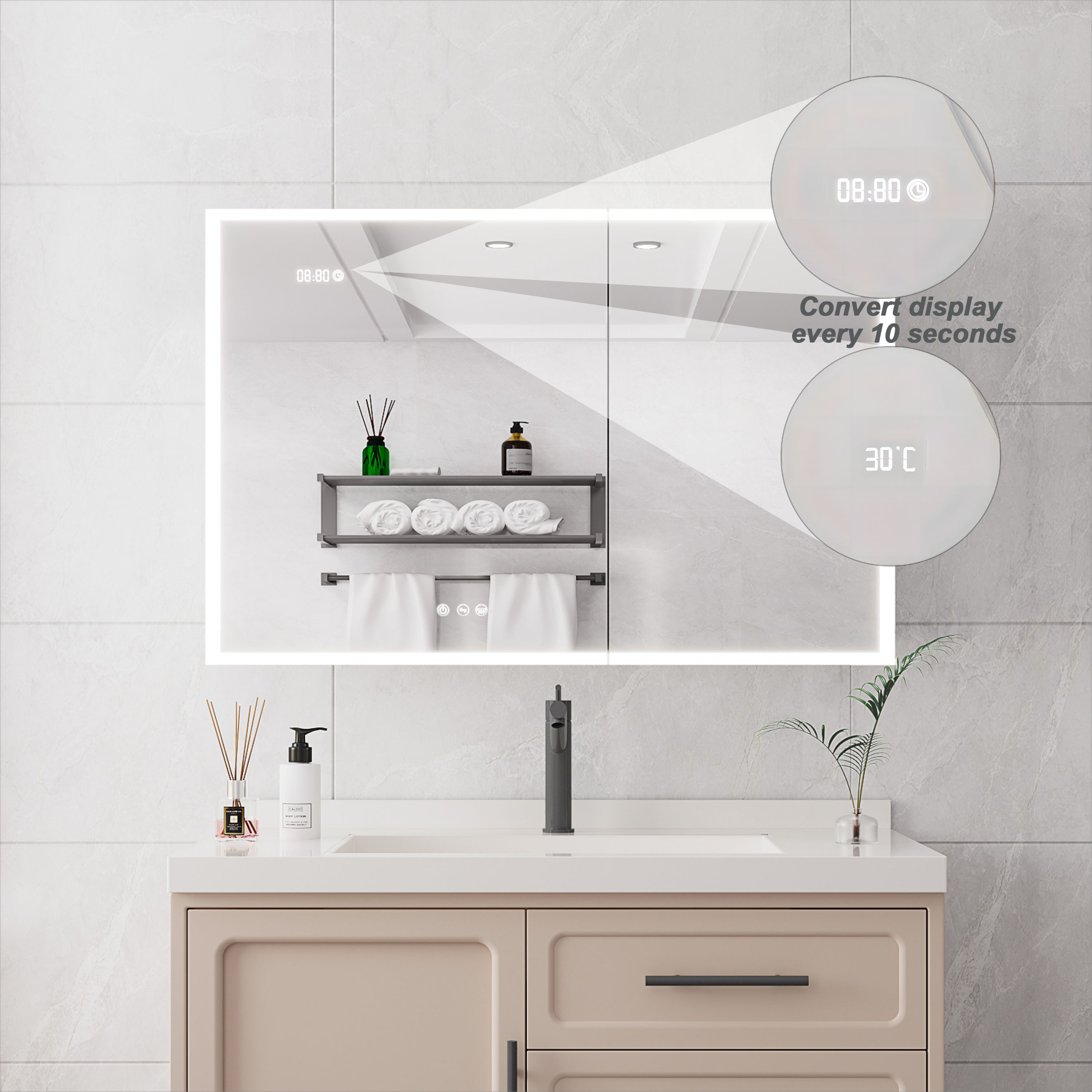 Forclover 40-in x 30-in Lighted LED Fog Free Surface Mount Black Mirrored Soft Close Medicine Cabinet
