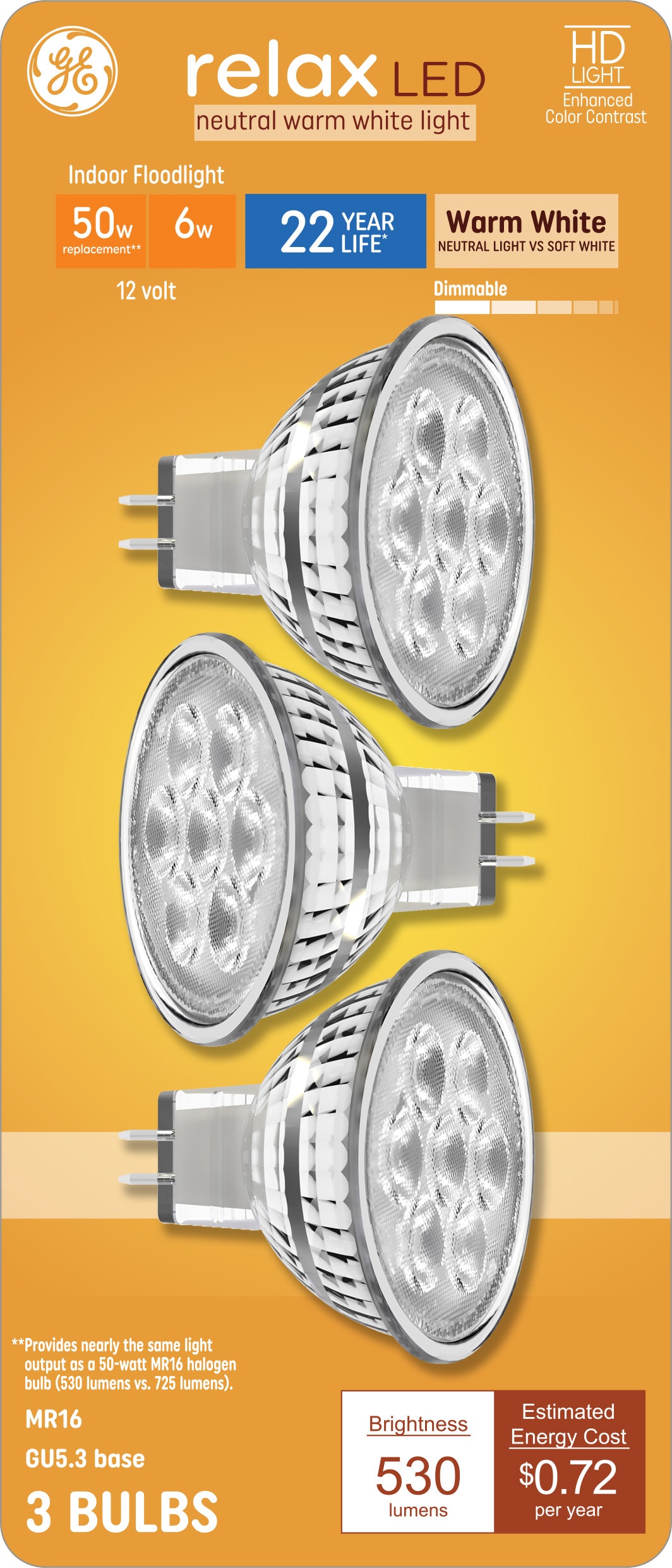 GE Relax HD 50-Watt EQ MR16 Warm White G5.3 Base Dimmable LED Light Bulb  (3-Pack) in the Spot & Flood Light Bulbs department at