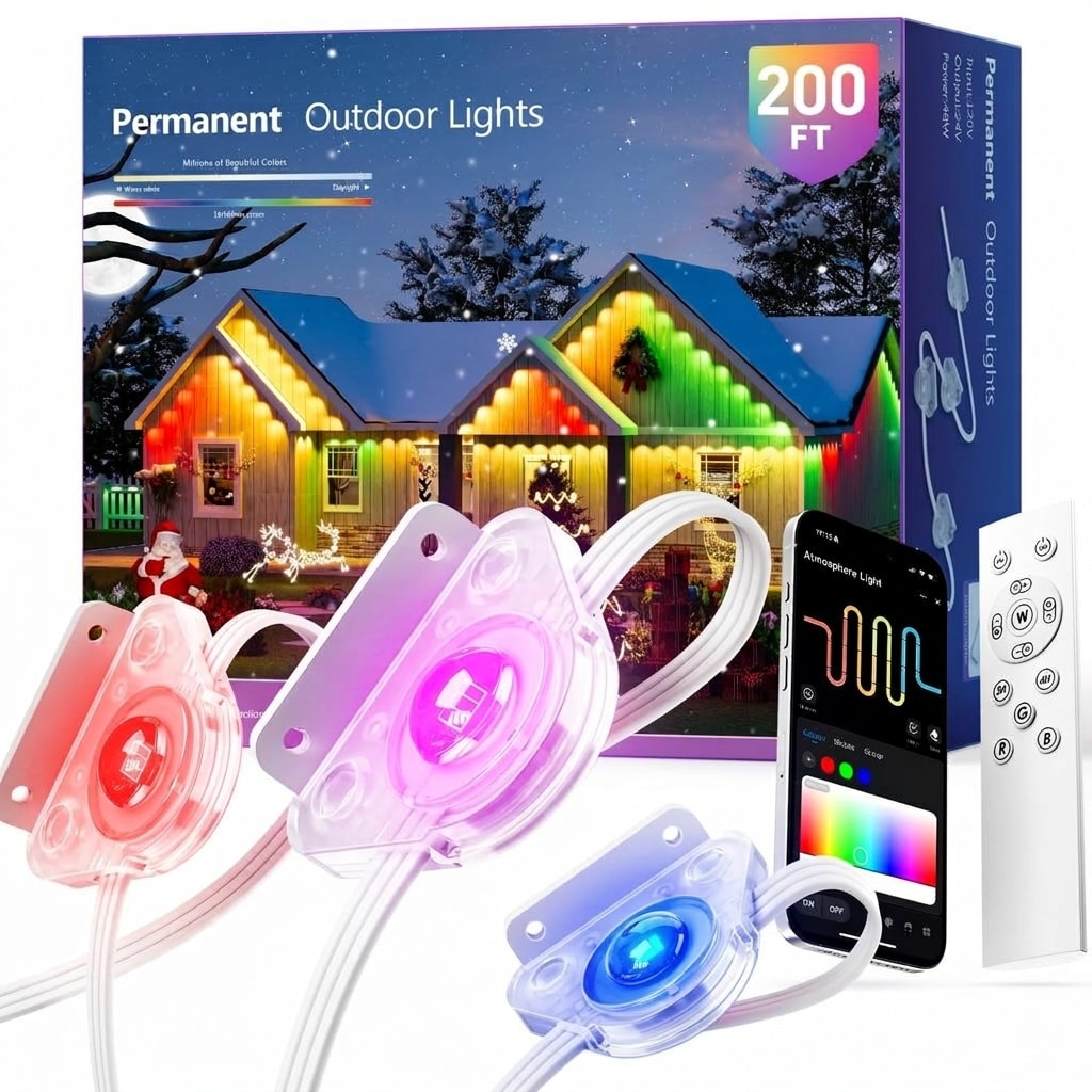 Anqtovp  Permanent Outdoor Lights 200FT Smart RGB IC LED Lights App and Remote Control IP67 Waterproof for House Roofline Porch Backyard Holiday