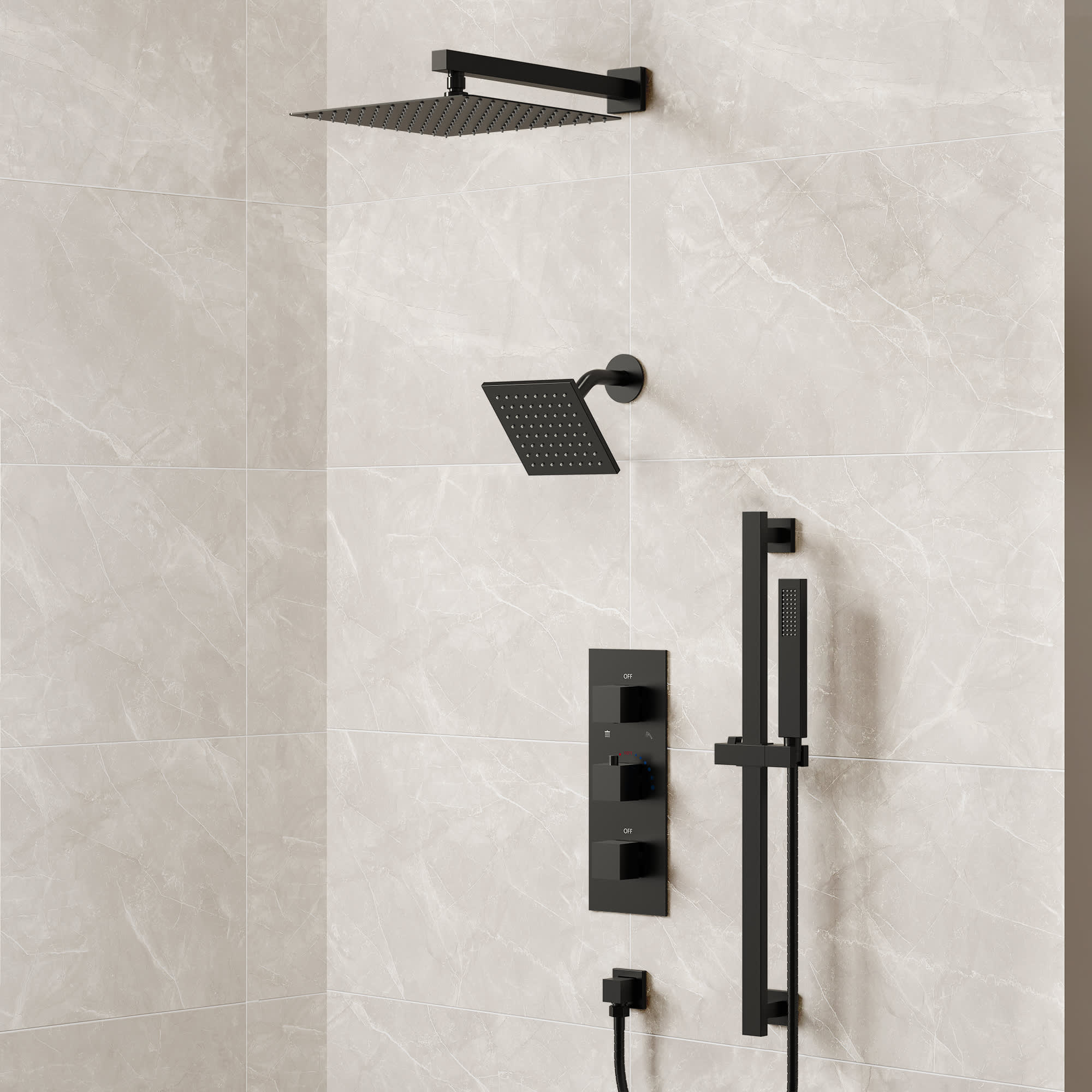 EVERSTEIN SFS-1016A-BK12 Thermostatic Dual Shower System with 12-in Rainfall Shower Head and Handheld Spray in Black
