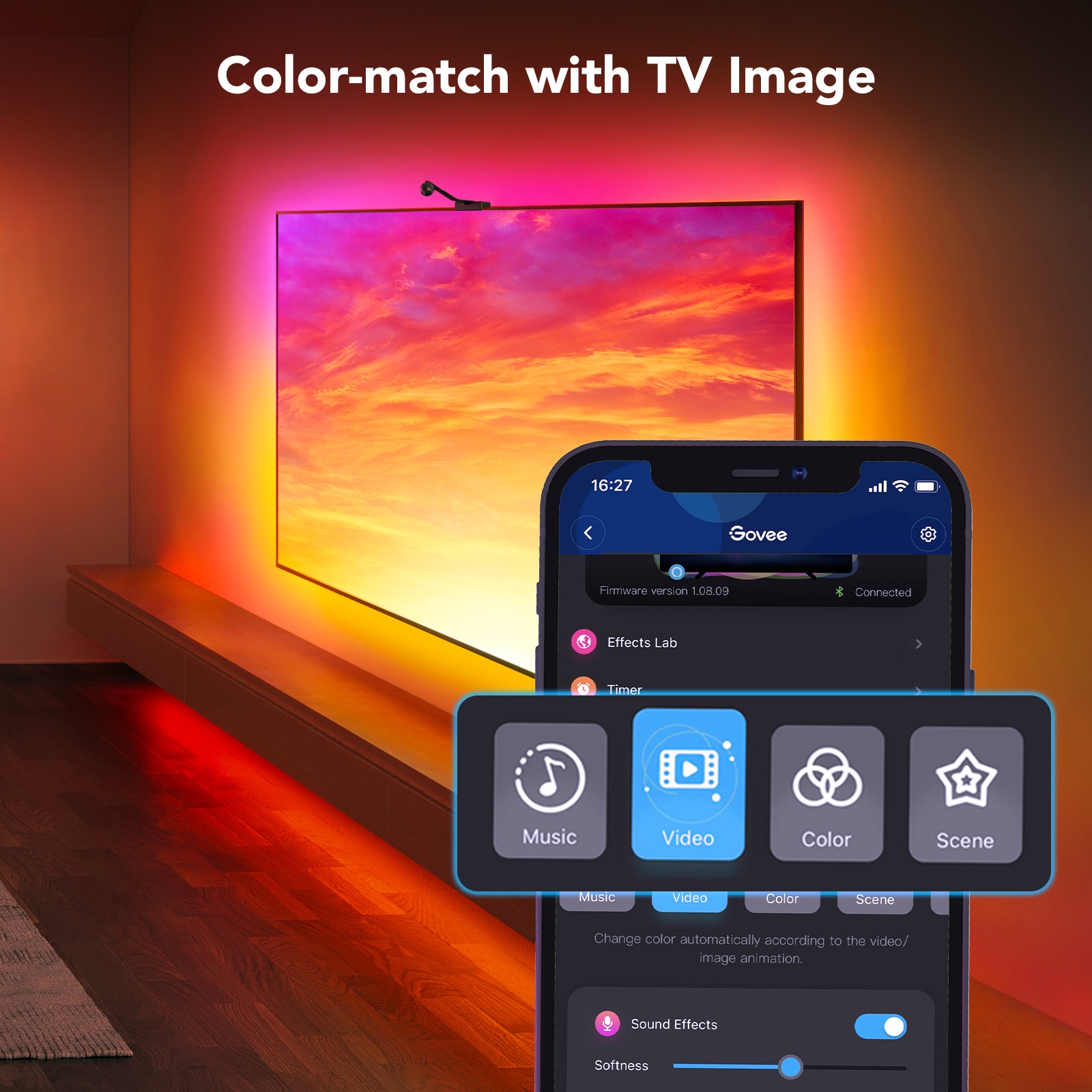 Govee TV LED-bakgrundsbelysning, DreamView T1 WiFi TV-bakgrundsbelysning  med kamera för 75-85 tums TV och PC, RGBIC LED-remsa kompatibel med Alexa  och