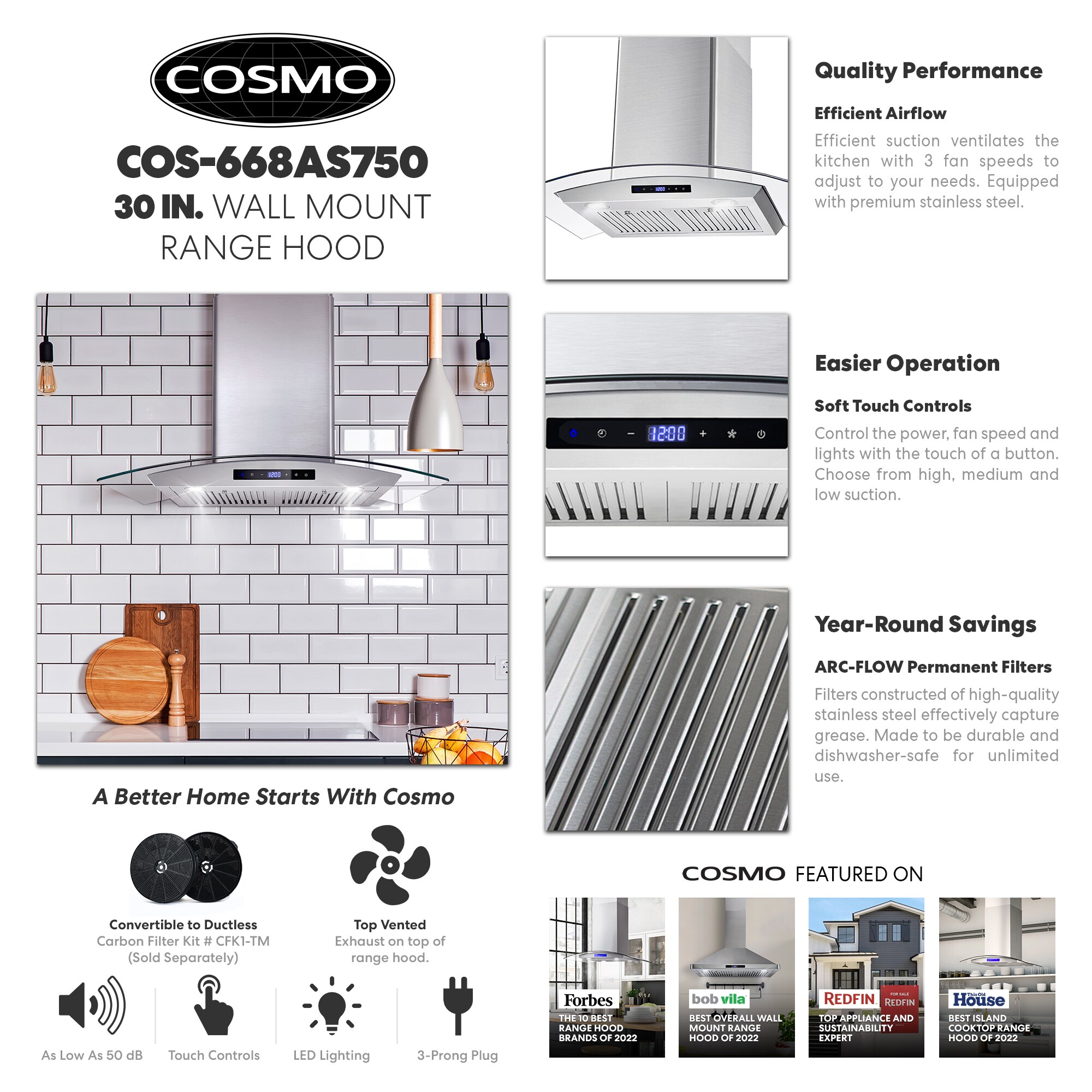Cosmo COS-2PKG-048 2 Piece Kitchen Package with COS-305AERC 30 Inch  Freestanding Electric Range and COS-63175S 30 Inch Wall Mount Range Hood in  Stainless Steel