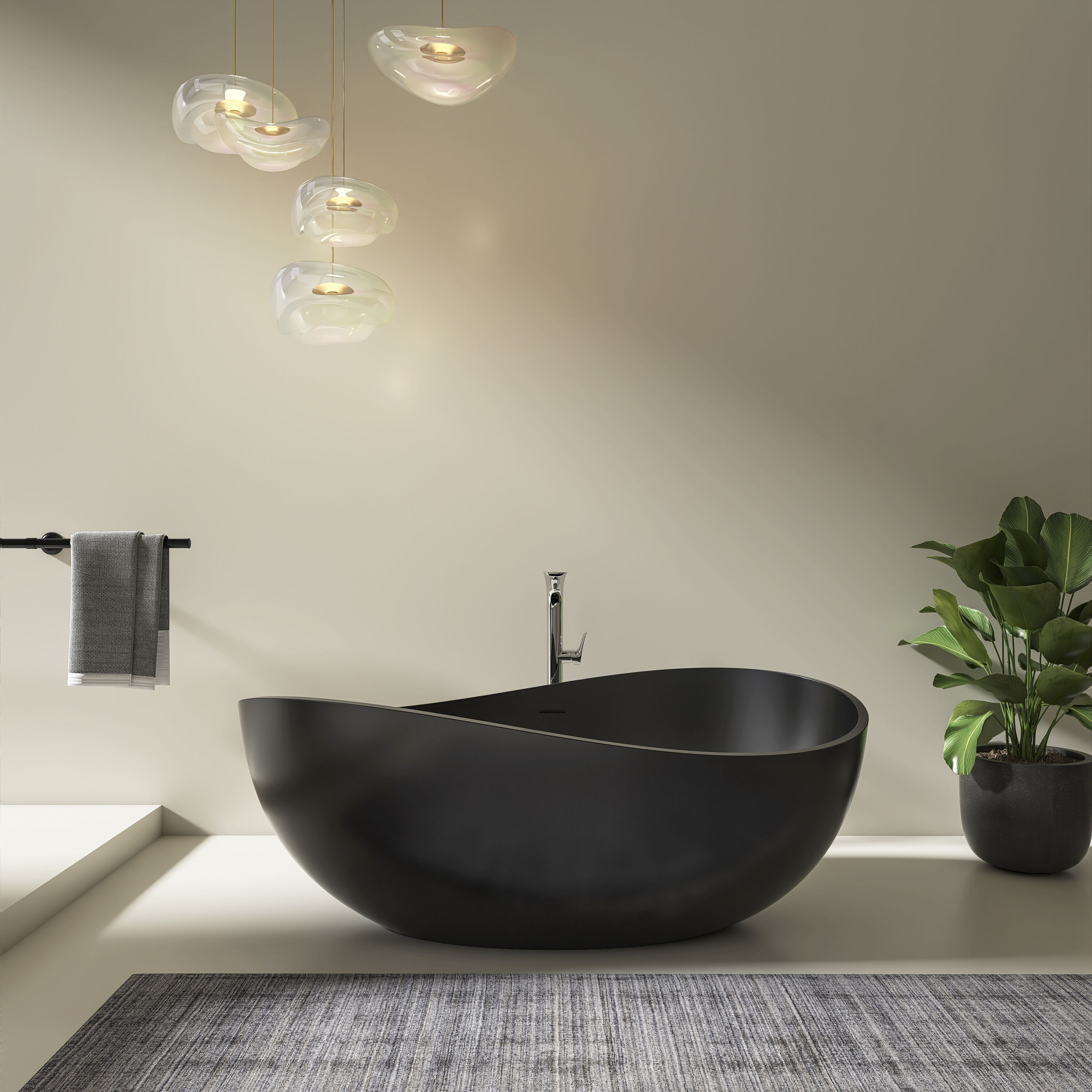 Vynxaria - 63-in Black Solid Surface Stone Resin Freestanding Soaking Bathtub