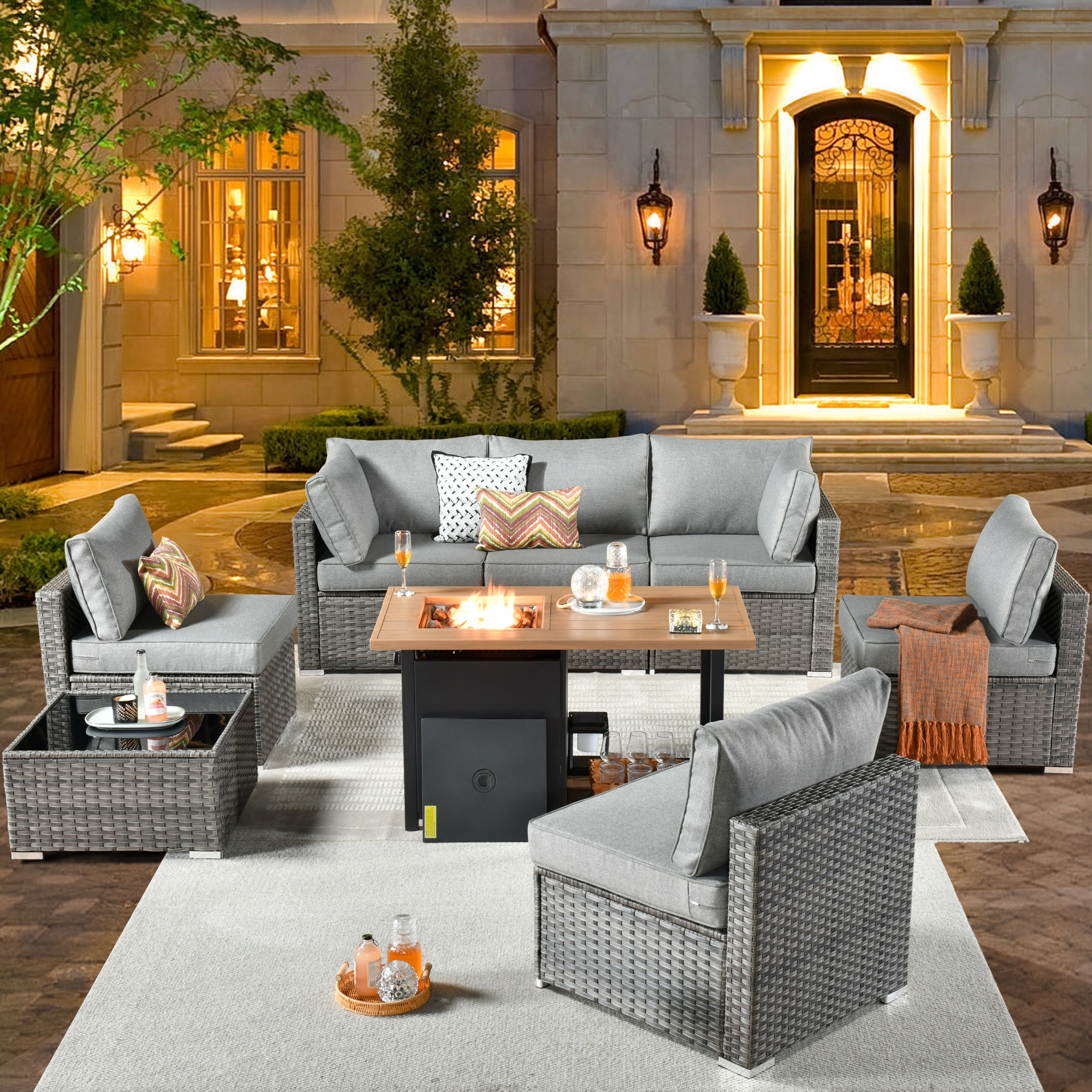 weaxty DCFP81RRS208 Kuuga 8 -Piece Rattan Patio Conversation Set with Gray Cushions