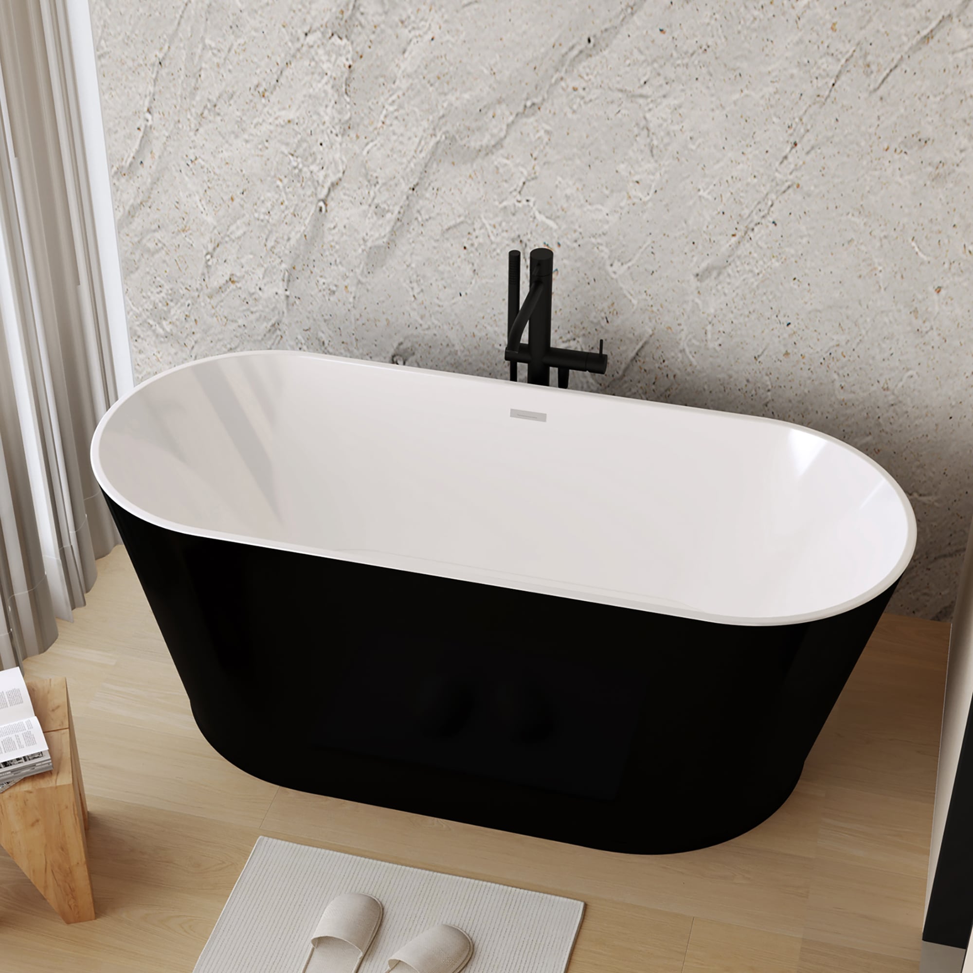 CASAINC CA-BF95077 29.5-in x 58.7-in Black Acrylic Oval Freestanding Soaking Bathtub with Drain ( Center Drain )