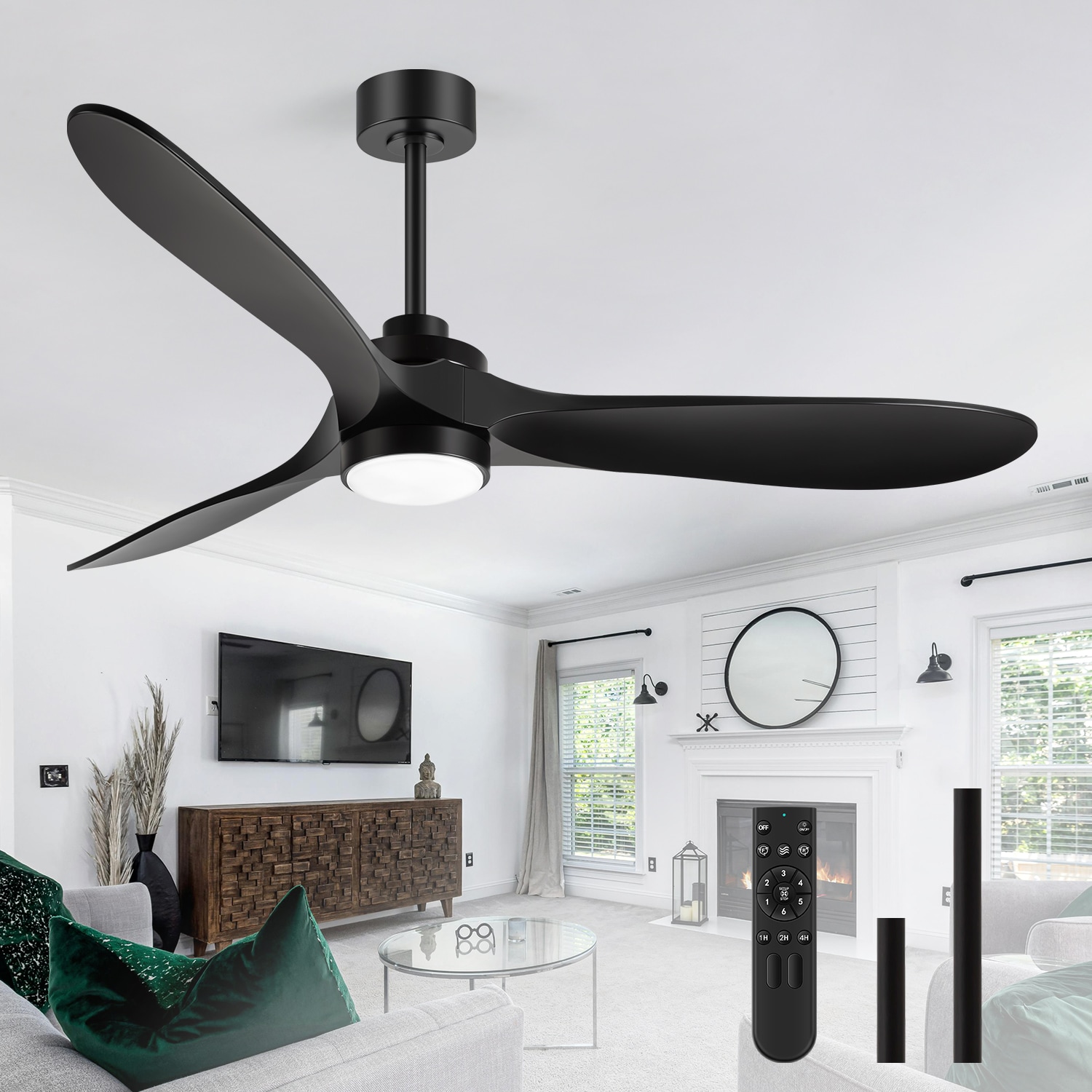 Breezary 33076-AB 60-in Color-Changing Integrated LED Black with Matte Black Blades Propeller Ceiling Fan With Light - Remote Included ( 3 -Blade )