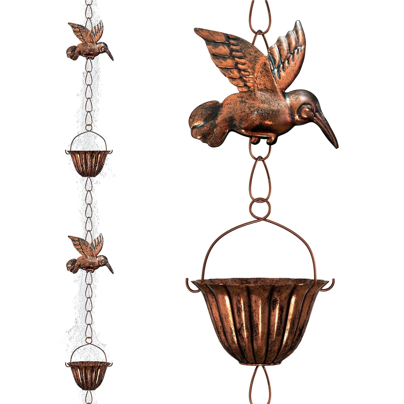 IdealHouse Hummingbird Rain Chain 8.8FT Antique Copper Metal Rain Catcher Chain Decorative Downspout Replacement with Cups Outdoor Garden Gutter Rainwater Diverter for Yard Home Exterior Decor