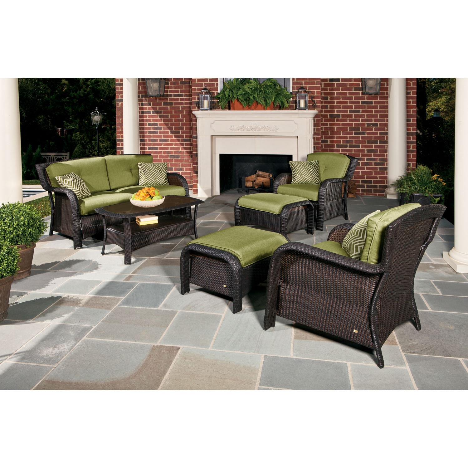 Hanover Strathmere 6 Piece Wicker Patio Conversation Set with Green Cushions in the Patio Conversation Sets department at Lowes