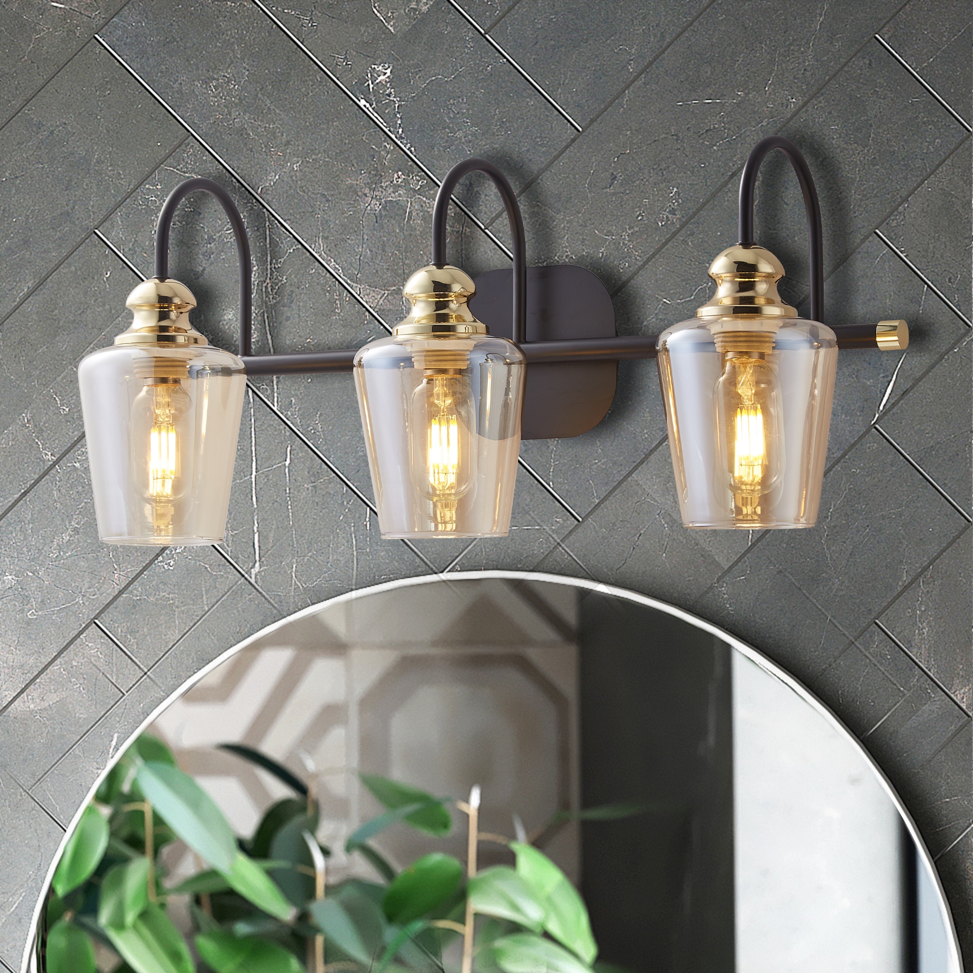 Bathroom Light Fixtures, 3-Light Black Bathroom Vanity Light with  Electroplated Gold Brass Socket, Classic Farmhouse Bathroom Lighting with  Clear