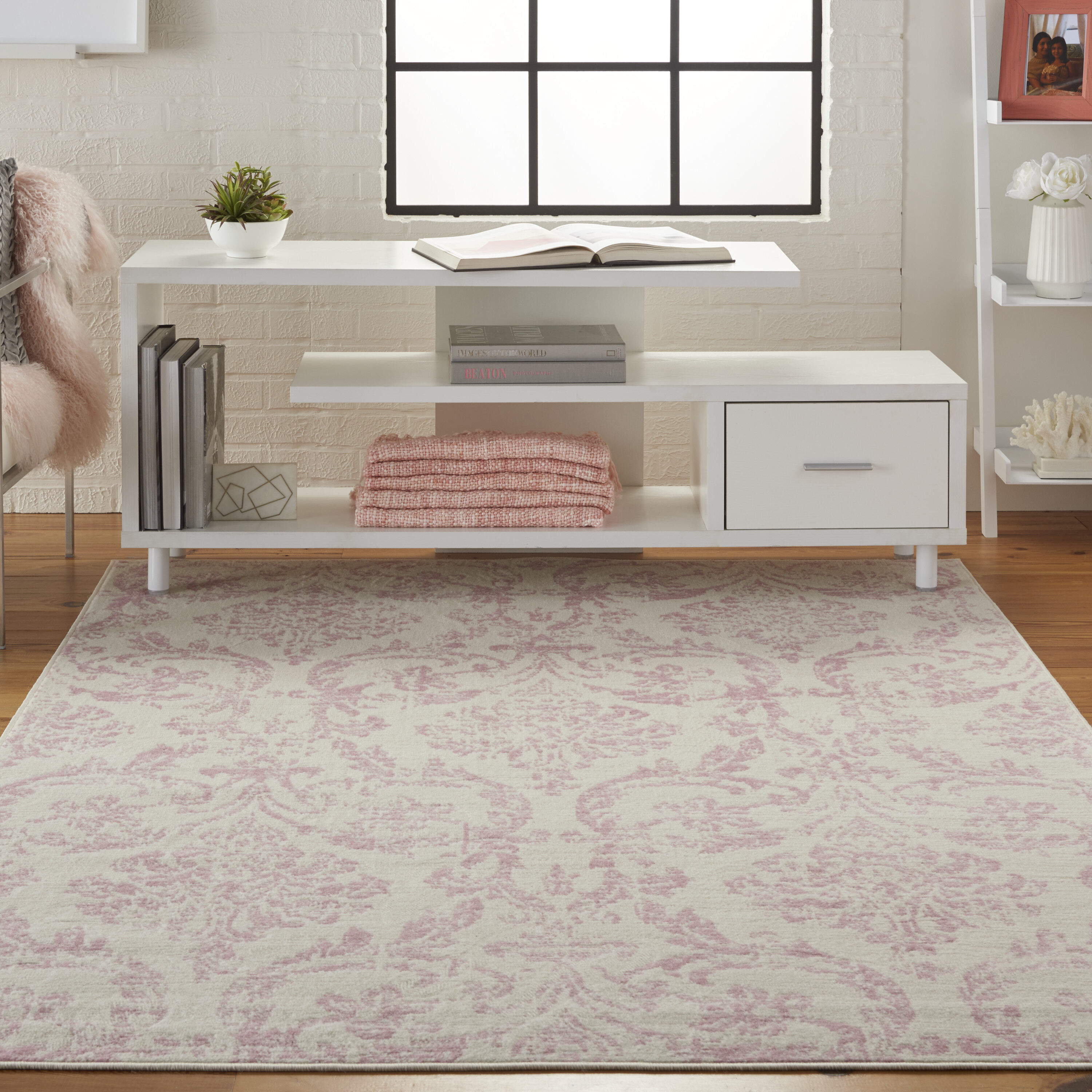 Nourison 99446478825 Jubilant 4 x 6 (ft) Loomed Polypropylene Ivory/pink Rectangular Indoor Abstract Farmhouse/Cottage Area rug