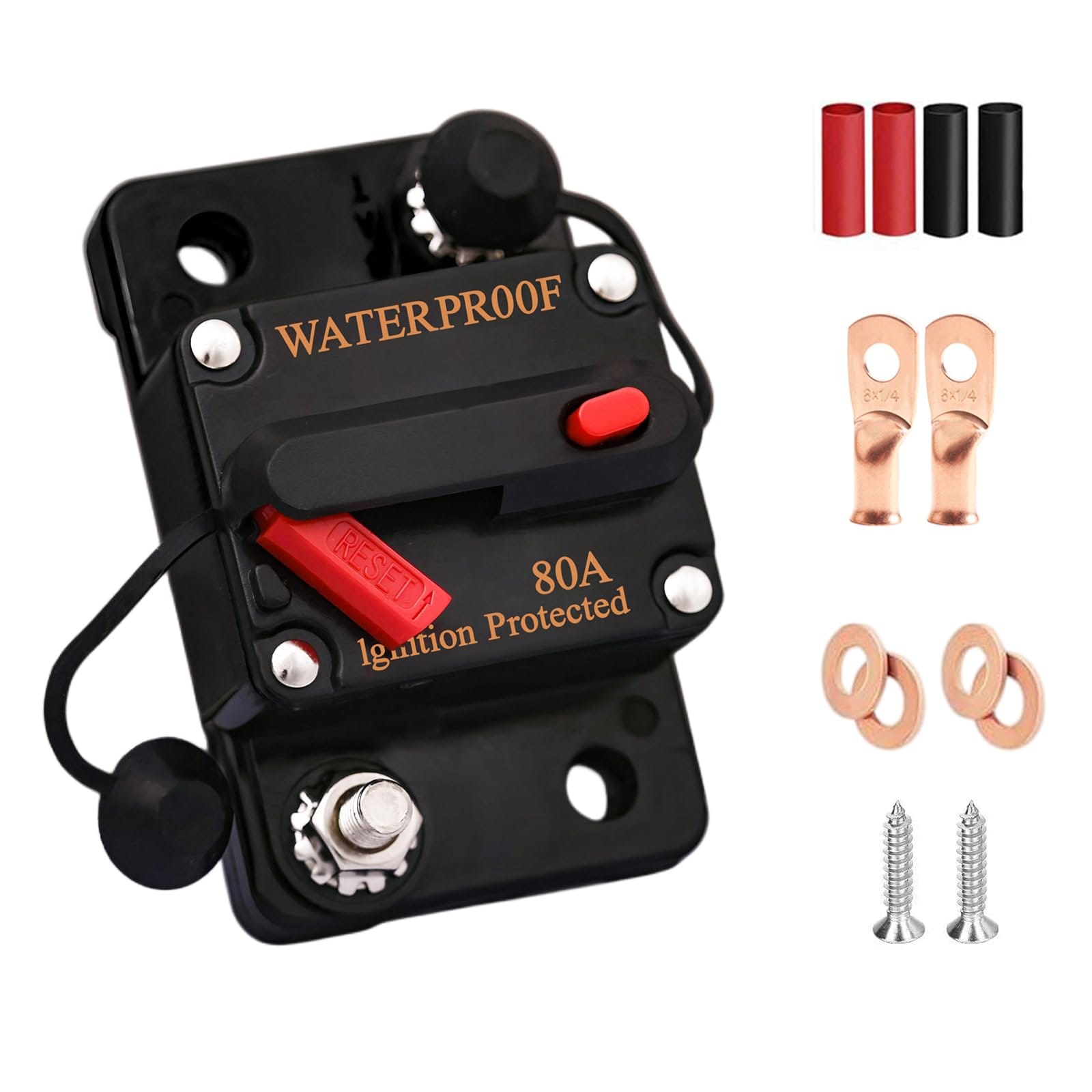 Adrinfly 80 Amp Circuit Breaker with 6 AWG 1 quarter Inch Ring Terminal for Boat Trolling Motor Marine ATV Trailer Vehicles Stereo Audio #LAD0826D447