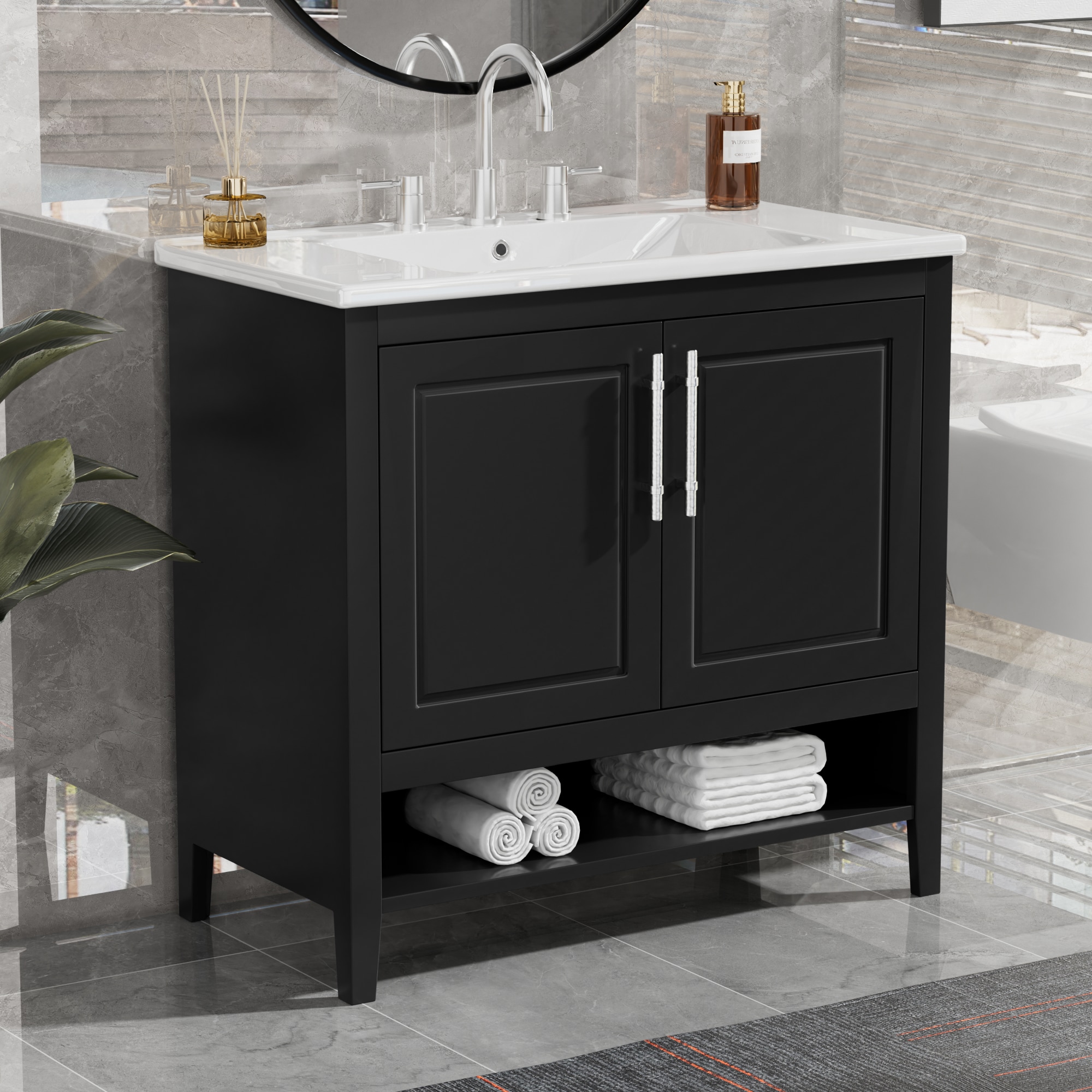 WELLFOR 36 in Black Undermount Single Sink Bathroom Vanity with White Ceramic Top NIE N7VT003 at Lowes