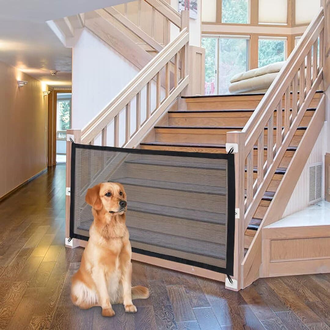Afoxsos  Magic Dog Gate for Stairs and Doorways 30 x 38 Inch Pet Safety Gate with 6 Hooks Strong Mesh Fabric Easy Install for Home Indoor Use