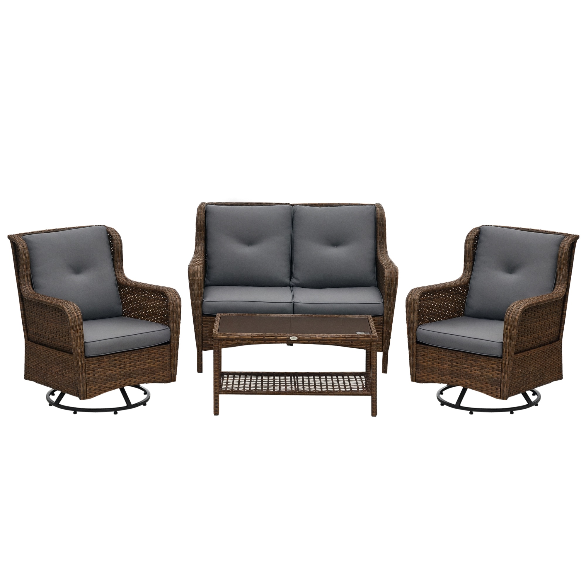 Outsunny 860-257V00MB 4 Piece PE Rattan Outdoor Patio Furniture Set Wicker Conversation Set with 2 Swivel Glider Chairs 2-Tier Glass Table and Loveseat for Garden Patio Poolside Gray