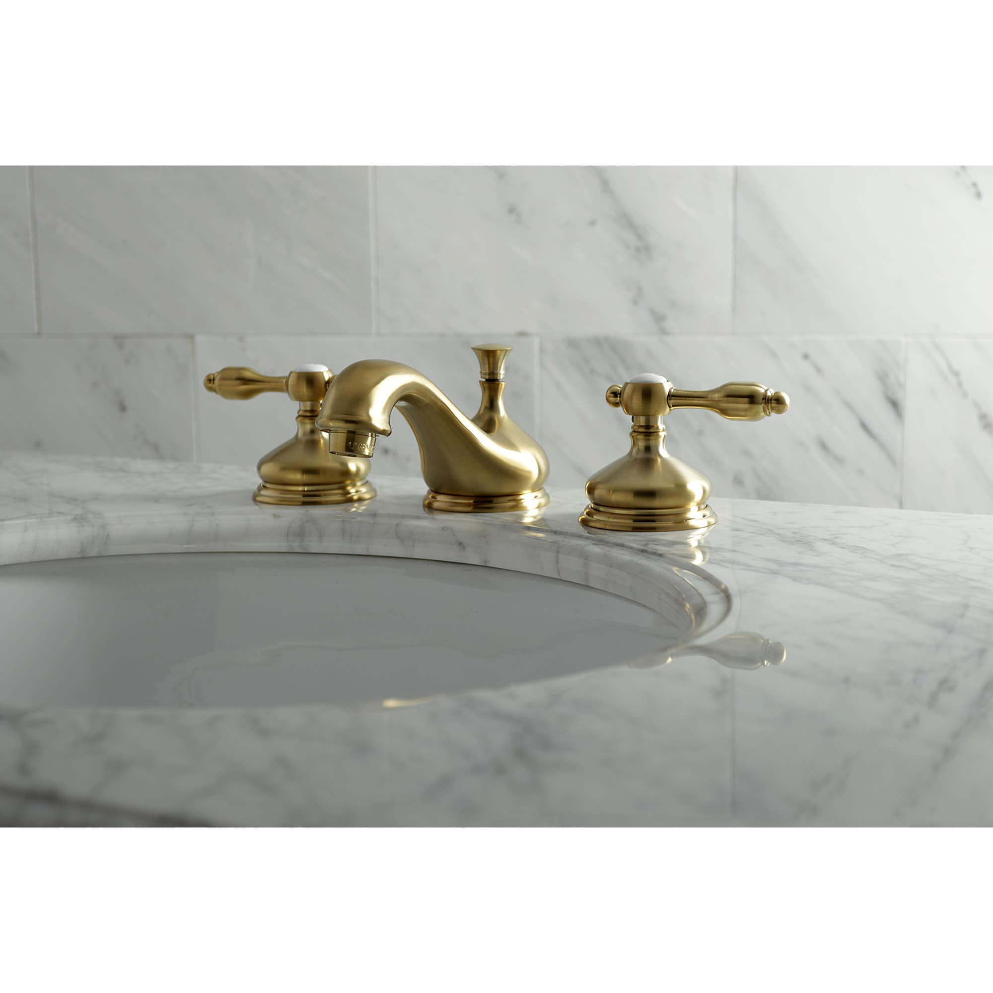 Kingston Brass Tudor Brushed brass Widespread 2-handle Low-arc Residential Handle Bathroom Sink Faucet with Drain