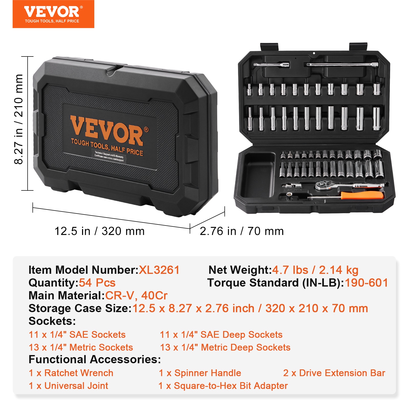 VEVOR 54-Piece Metric Powder-coated Mechanics Tool Set in the
