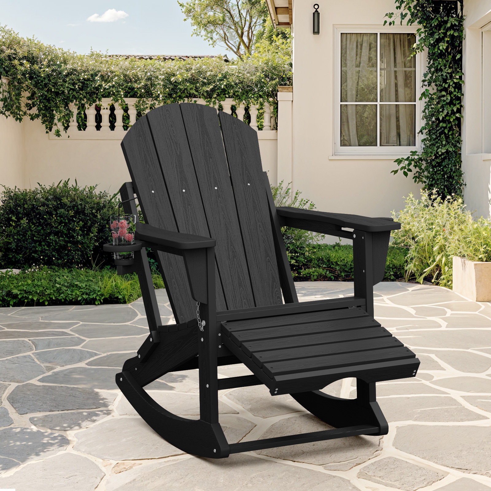 JEAREY PEDGNYY-BK Adirondack Rocking Chair with Ottoman and Cup Holder Stackable Black HDPE Frame Adirondack Chair with Slat Seat