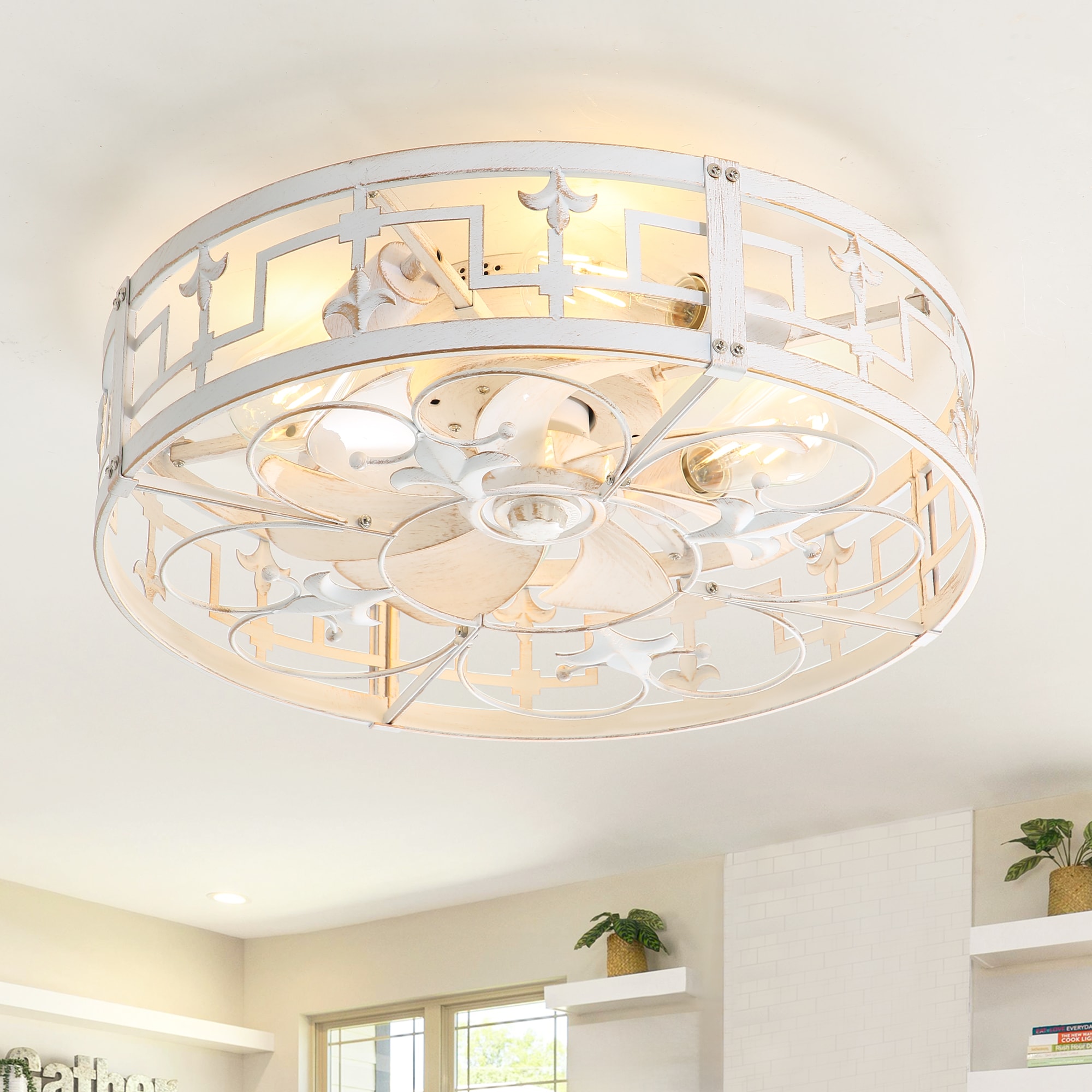 Breezary 35064-WG 20-in Flush Mount Distressed White and Gold with Brushed White Blades Fandelier Ceiling Fan With Light - Remote Included ( 7 -Blade )