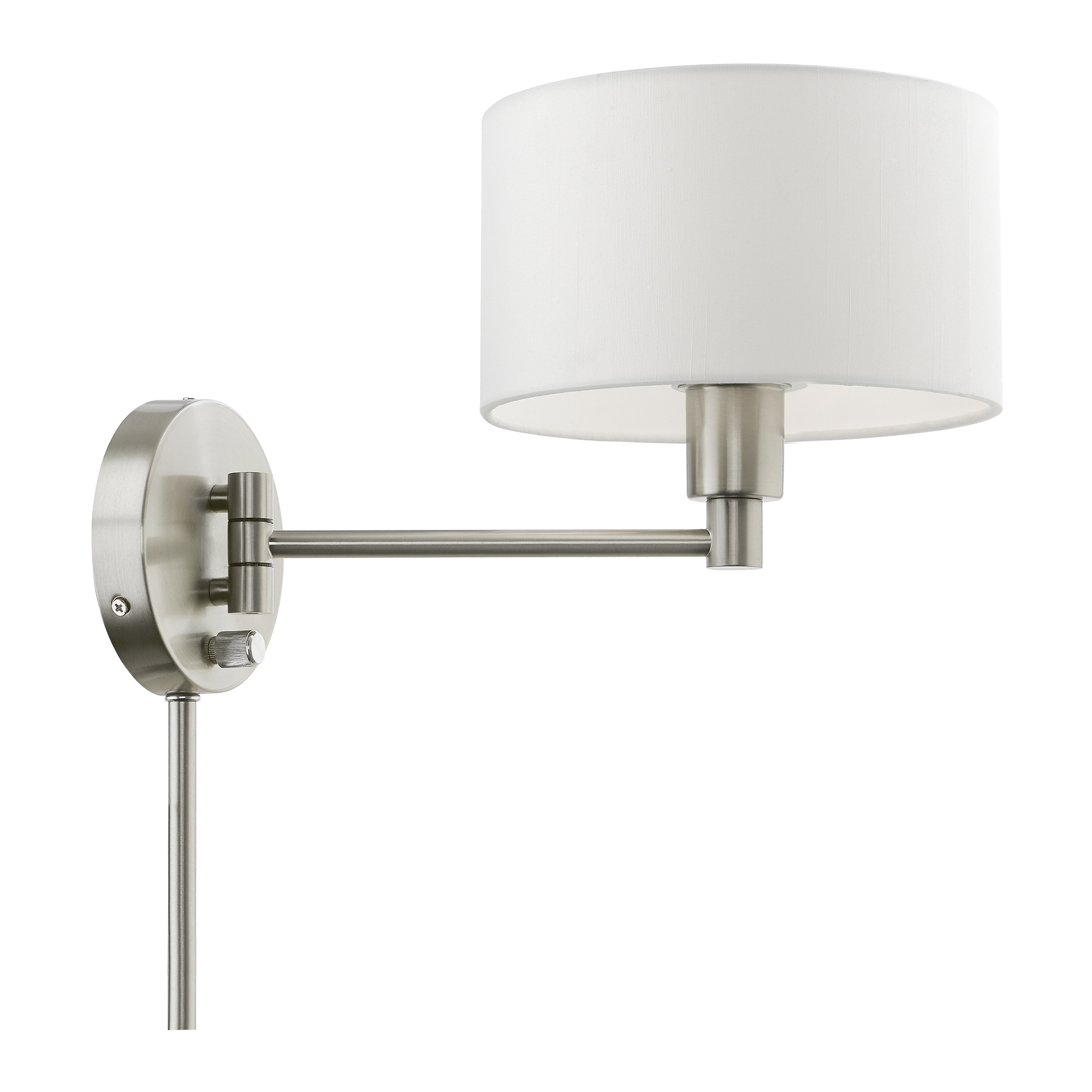 Transitional Brushed Nickel Swing Arm Wall Lamp with Off-White Shade