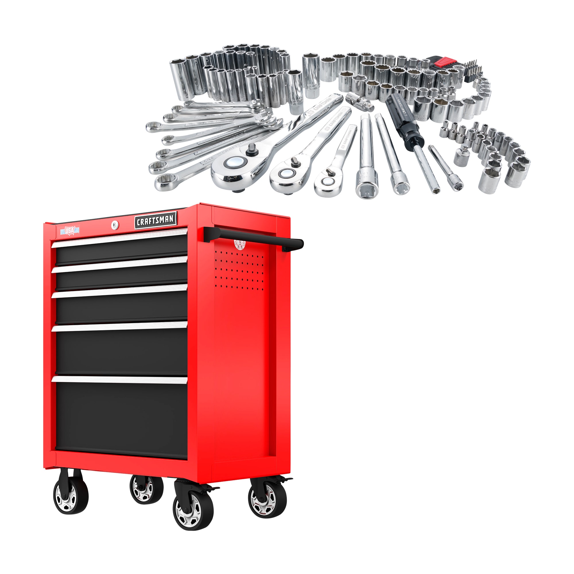 CRAFTSMAN 2000 Series 27-In 5-Drawer Cabinet - Red & 135-Piece Standard (SAE) and Metric Combination Polished Chrome Mechanics Tool Set (1/4-in