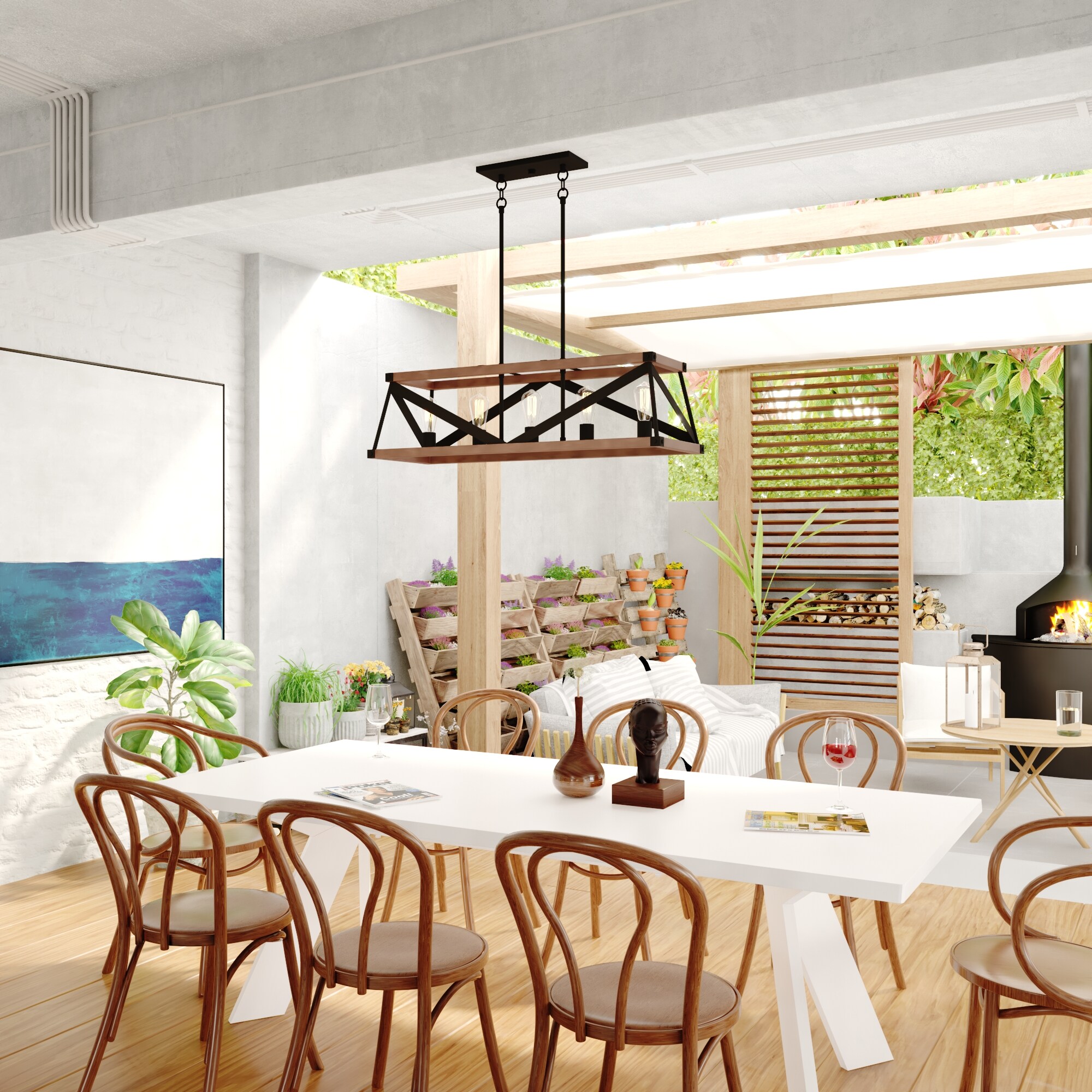 Matte Black and Sycamore Wood Cage Linear Chandelier
