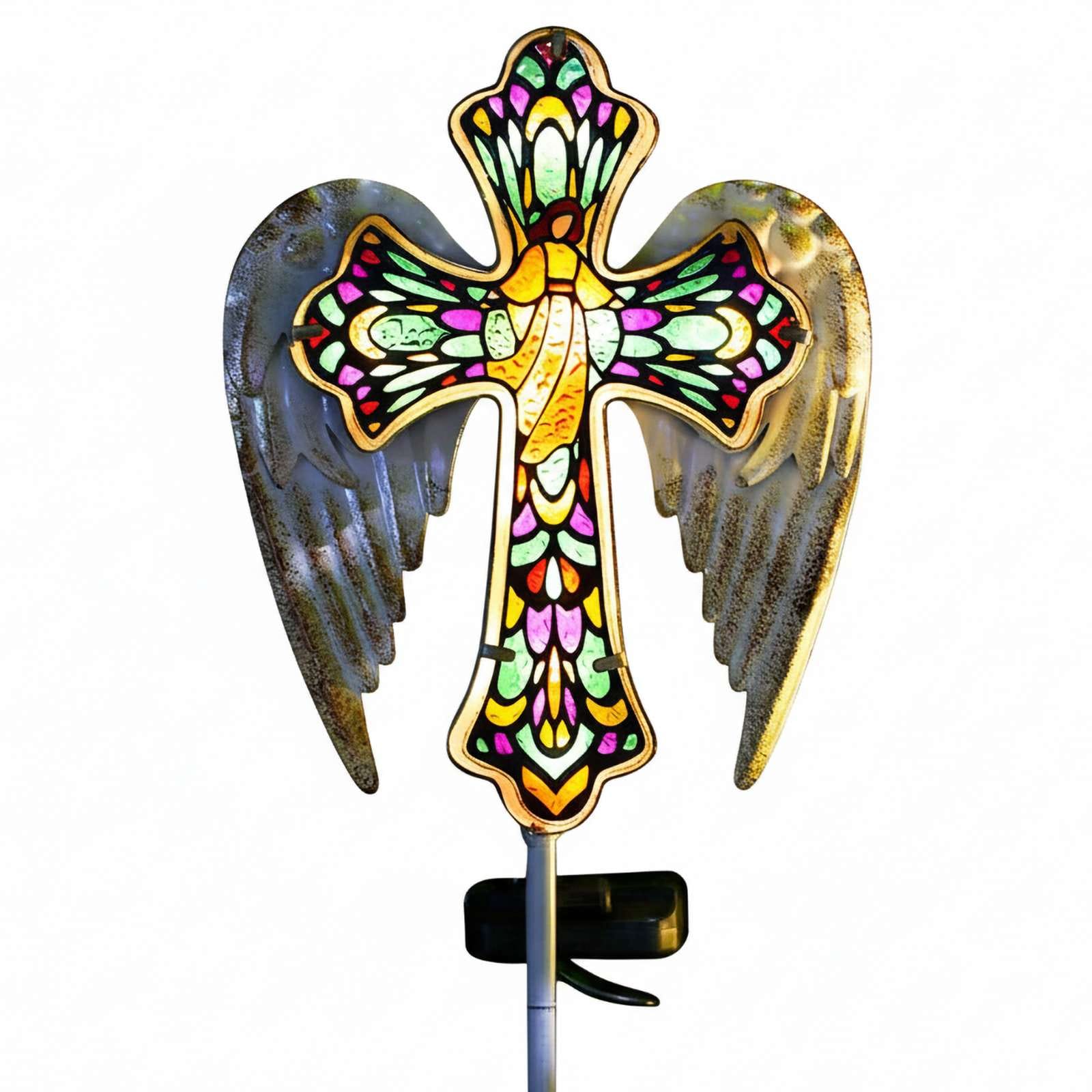 Etokfoks  Solar Glass Cross Stake Lights Outdoor Garden Decor Cemetery Grave Memorial Angel Wings Jesus Cross Yard Lawn Patio Christmas