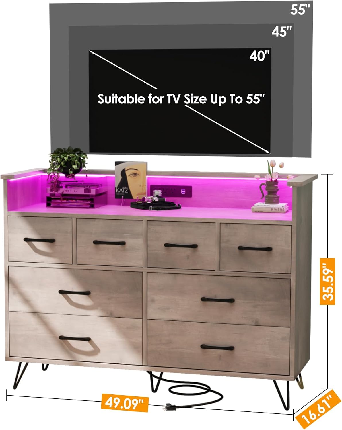 WhizMax LDYLSPHO-339W7JBV Tall 8 Drawer Wooden Dresser With Charging Station And Music Sync Rgb Led Lights Modern Closet Organizer App Controlled Voice Command Scratch Resistant Finish Stylish Metal Handles  Antique Light