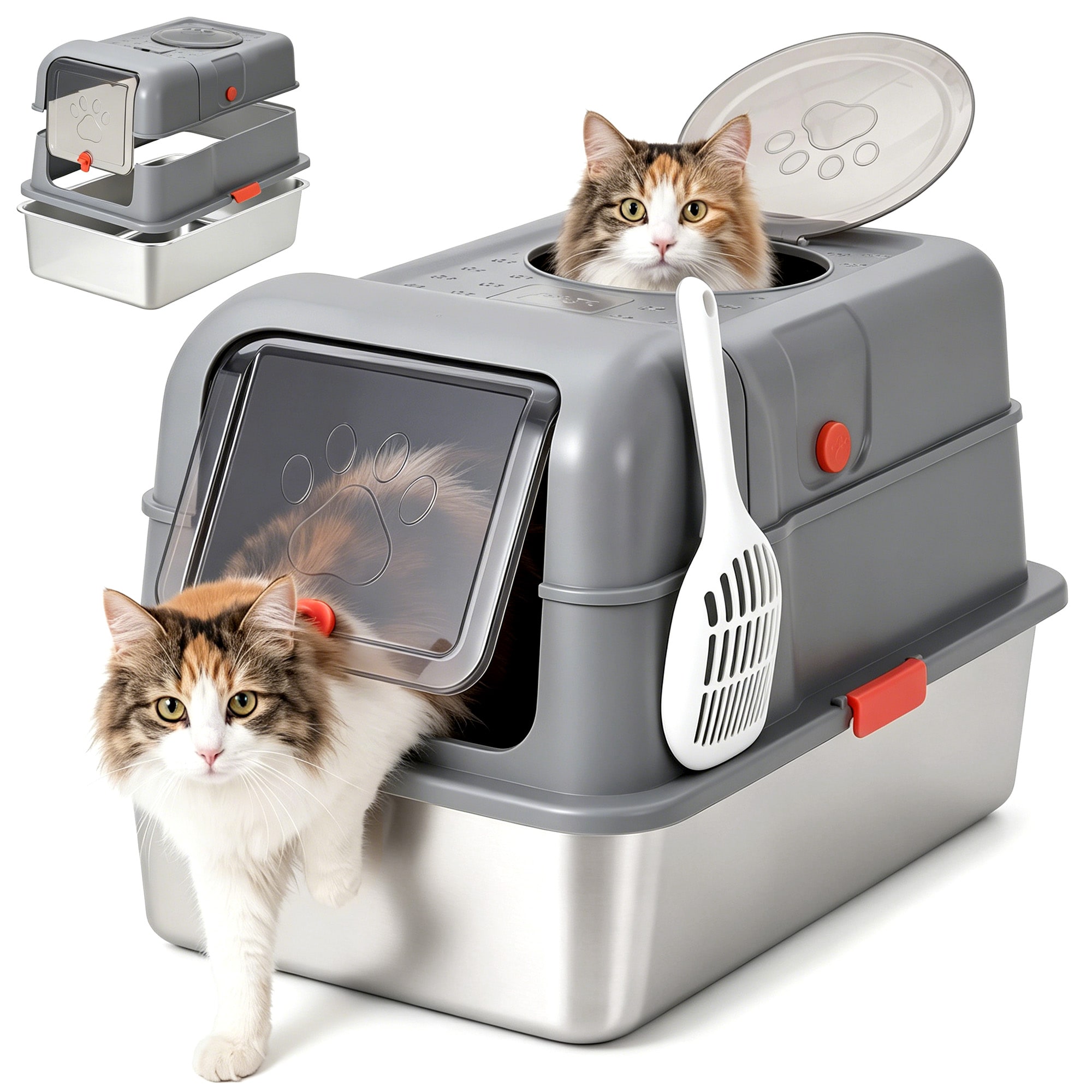 IdealHouse - Dog Proof Stainless Steel Cat Litter Box with Lid Fully Enclosed High Sided Top Entr...